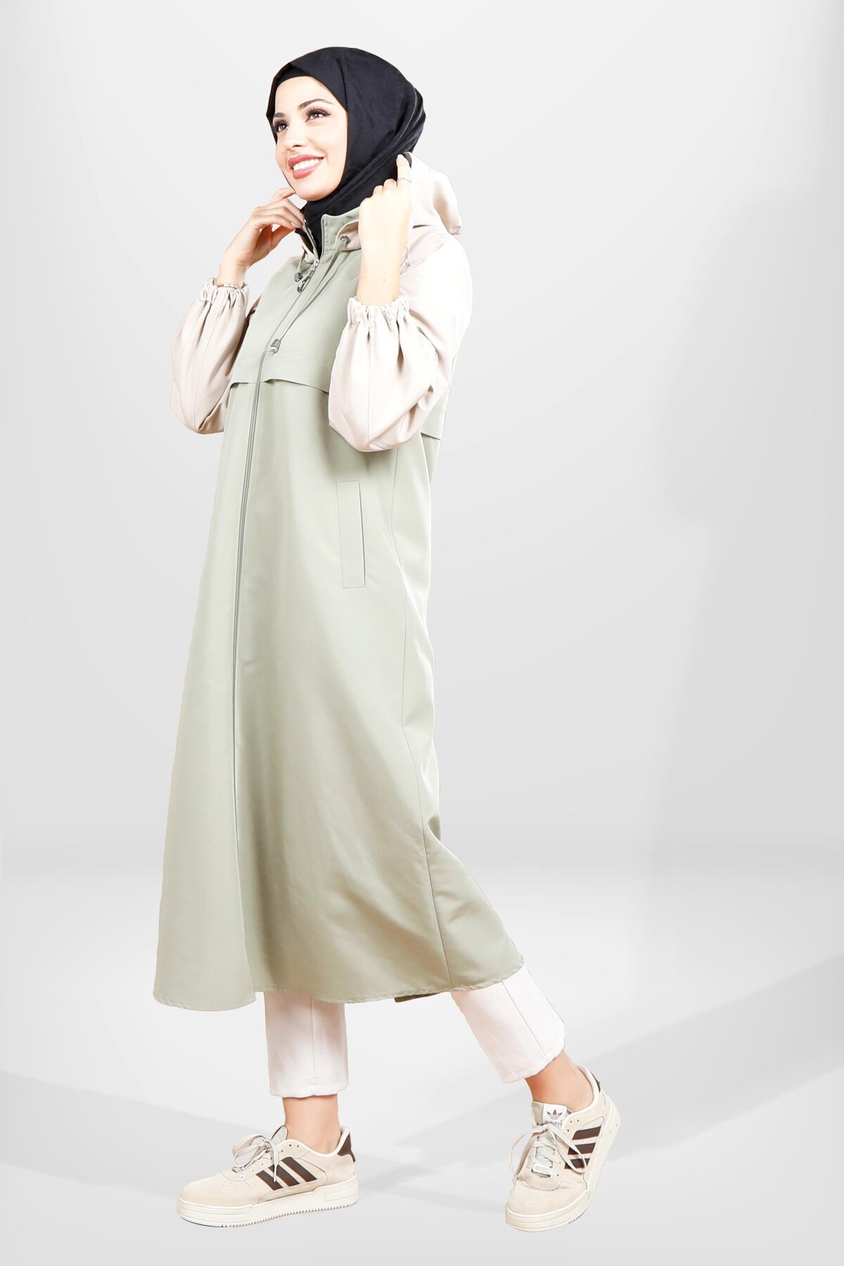 Hooded Trimmed Trench Coat - Mint Green - Beyza