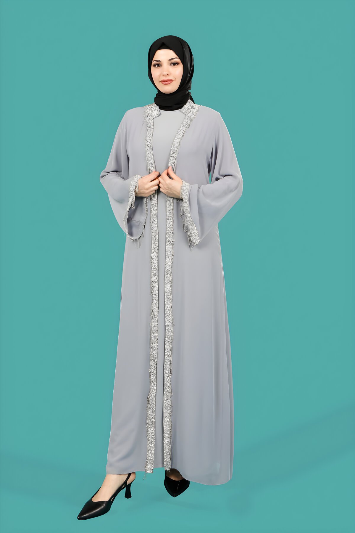 Taba Şakira Şifon Hırkalı Taşlı Ferace - Beyza