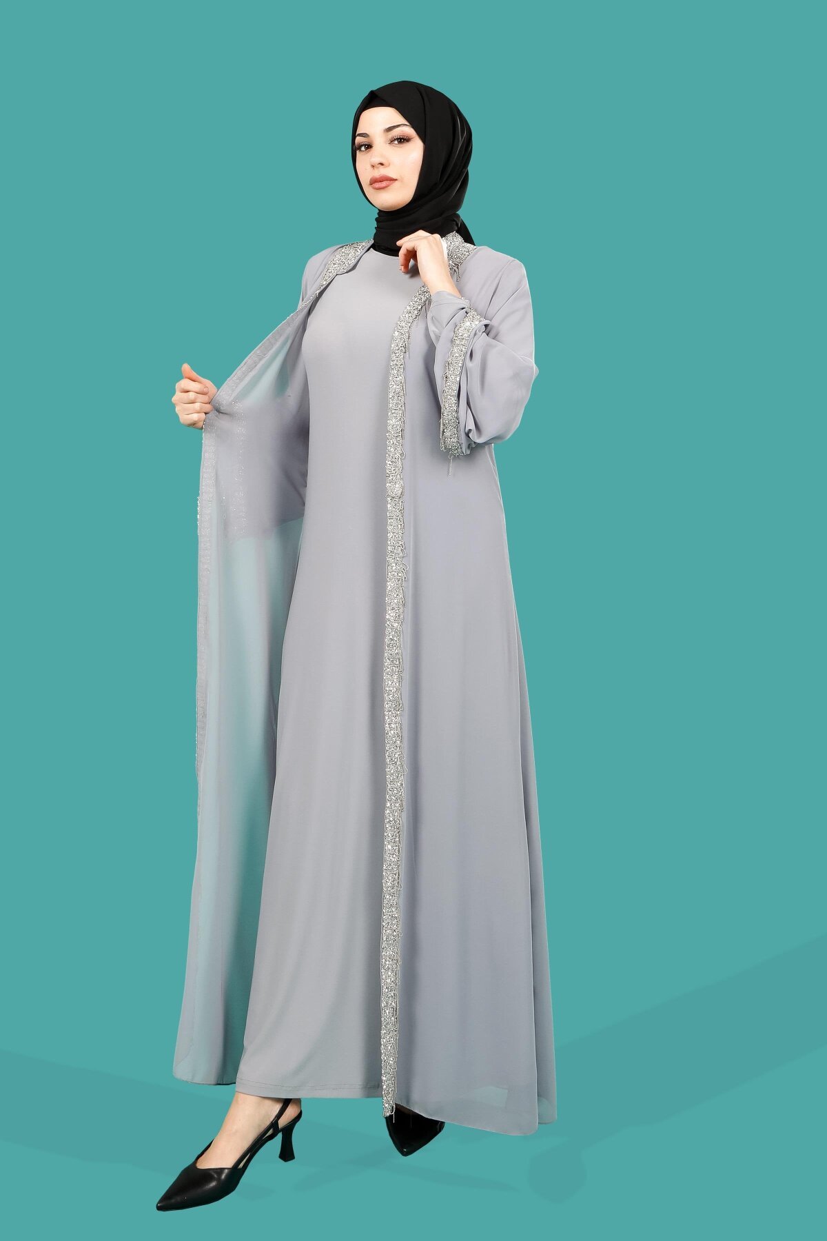 Cardigan Style Shakira Chiffon Stone Embellished Abaya - Tan - Beyza