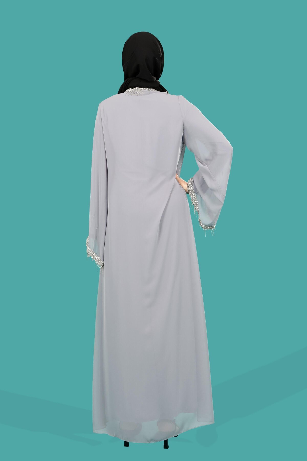 Cardigan Style Shakira Chiffon Stone Embellished Abaya - Tan - Beyza