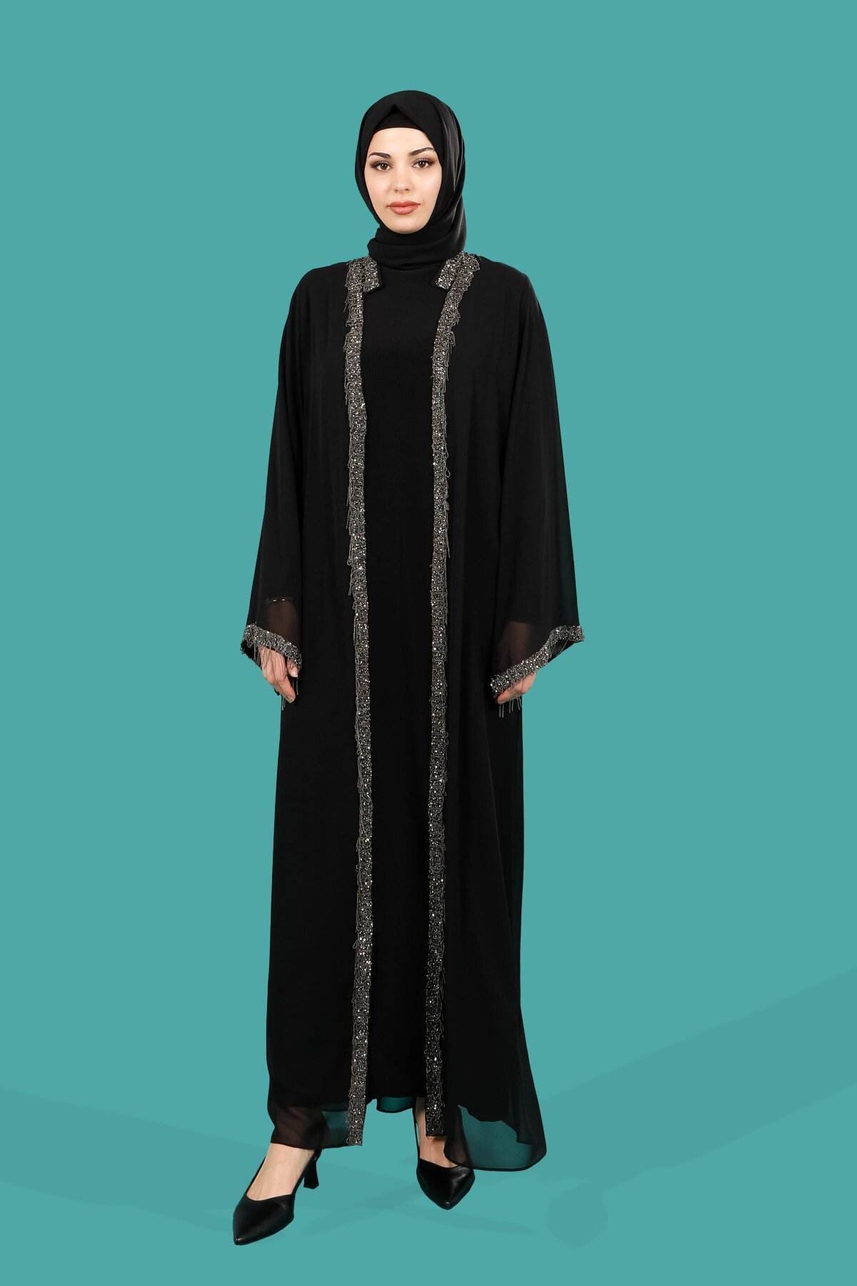 Cardigan Style Shakira Chiffon Stone Embellished Abaya - Tan - Beyza