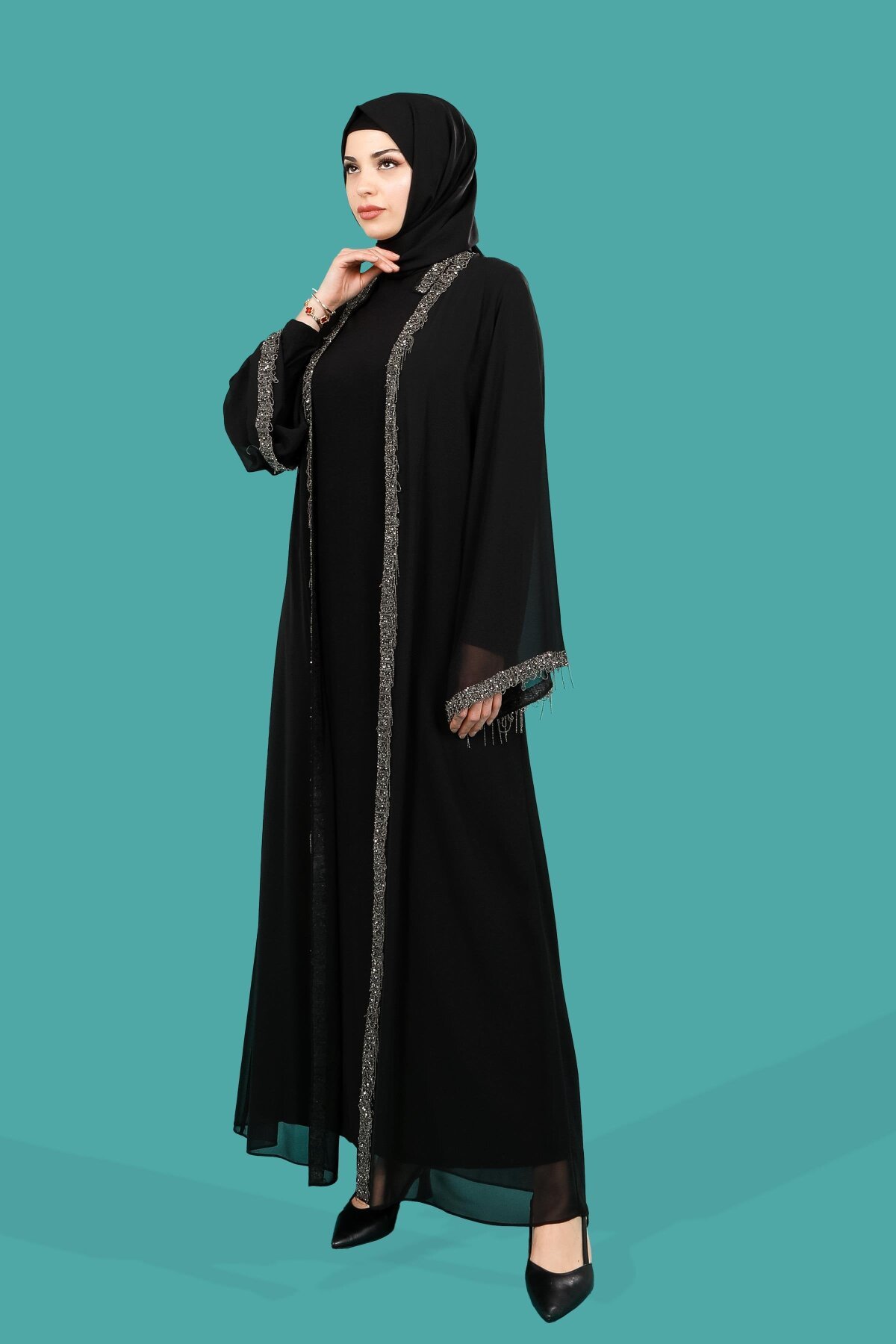 Cardigan Style Shakira Chiffon Stone Embellished Abaya - Tan - Beyza