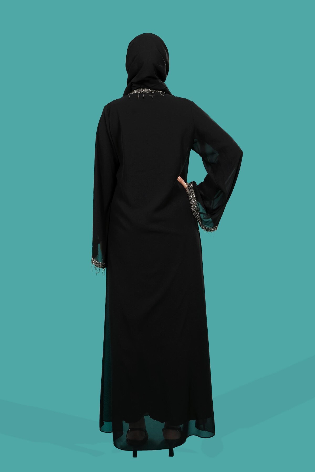 Cardigan Style Shakira Chiffon Stone Embellished Abaya - Tan - Beyza