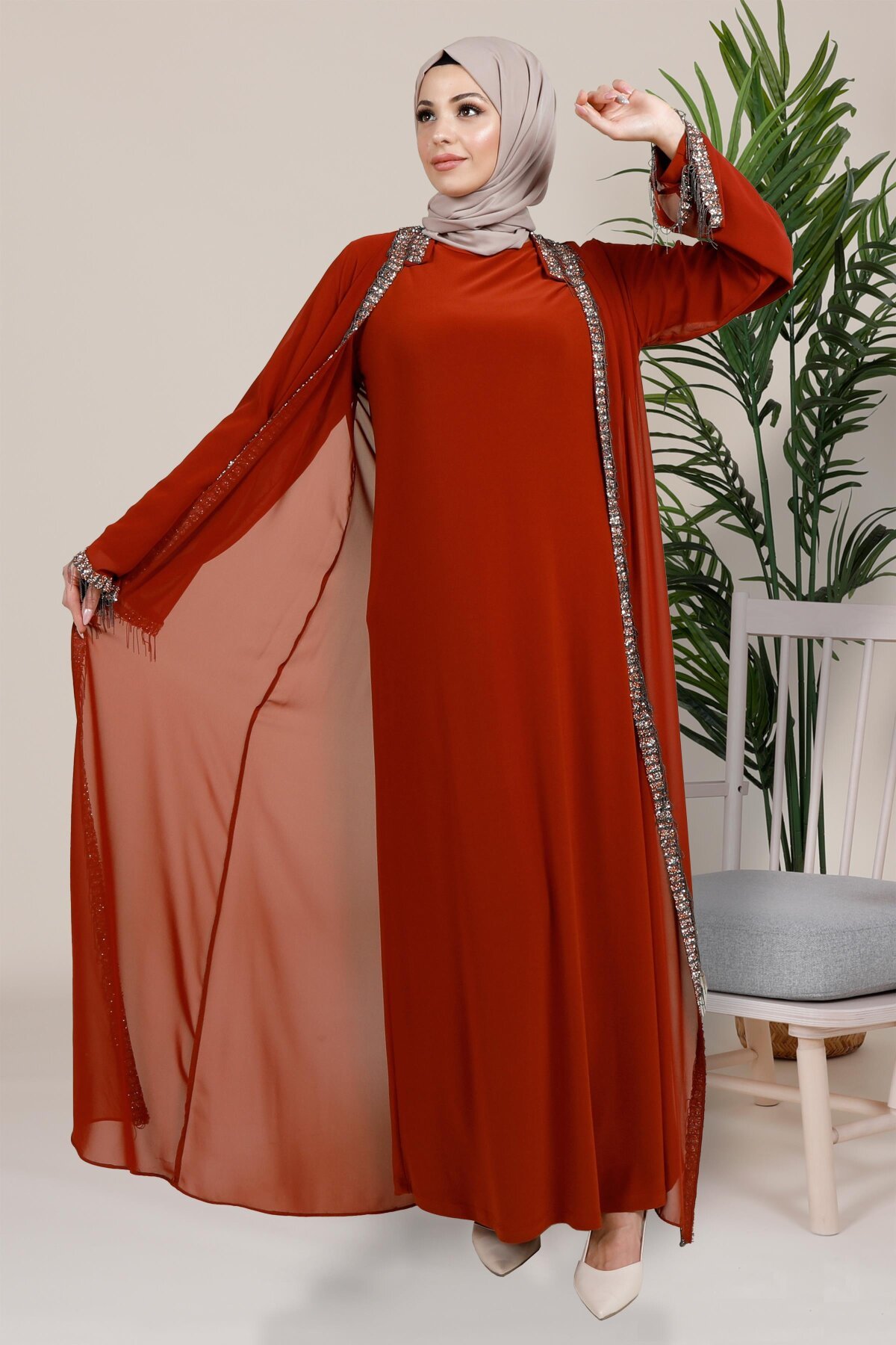 Cardigan Style Shakira Chiffon Stone Embellished Abaya - Tan - Beyza