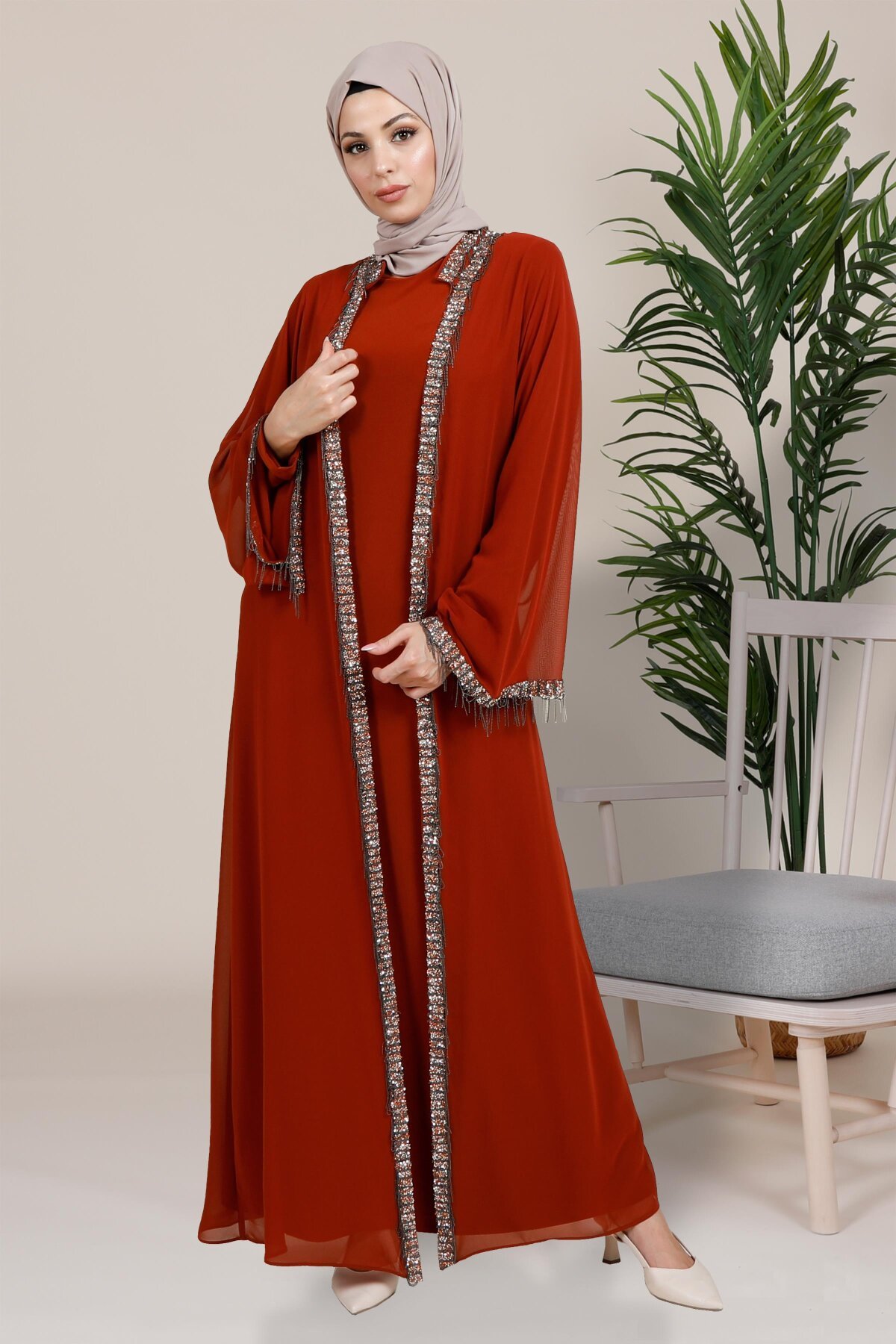 Cardigan Style Shakira Chiffon Stone Embellished Abaya - Tan - Beyza