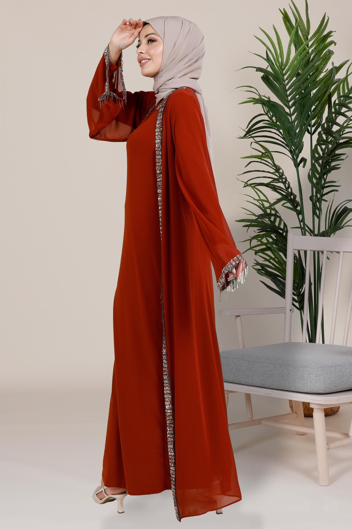 Cardigan Style Shakira Chiffon Stone Embellished Abaya - Tan - Beyza