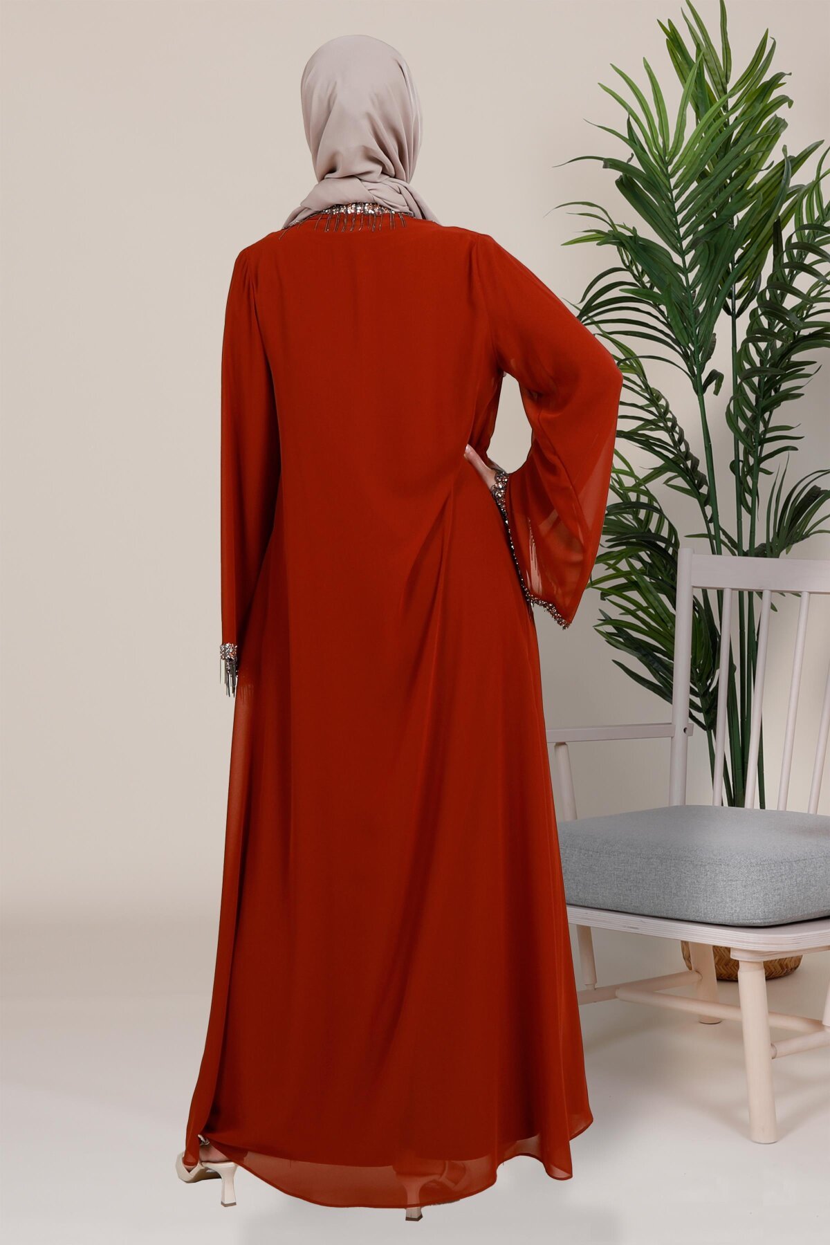 Cardigan Style Shakira Chiffon Stone Embellished Abaya - Tan - Beyza