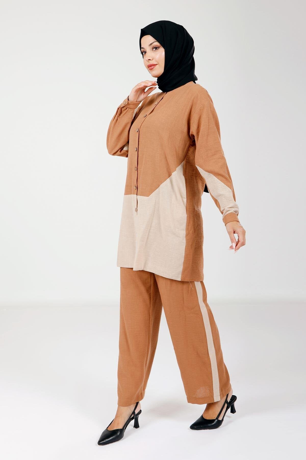 Modest Top and Bottom Buttoned Set - Cinnamon - Beyza