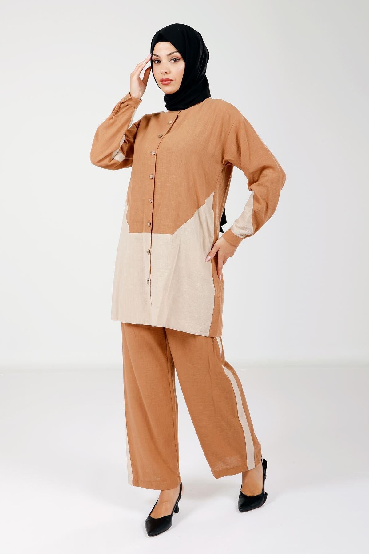 Modest Top and Bottom Buttoned Set - Cinnamon - Beyza