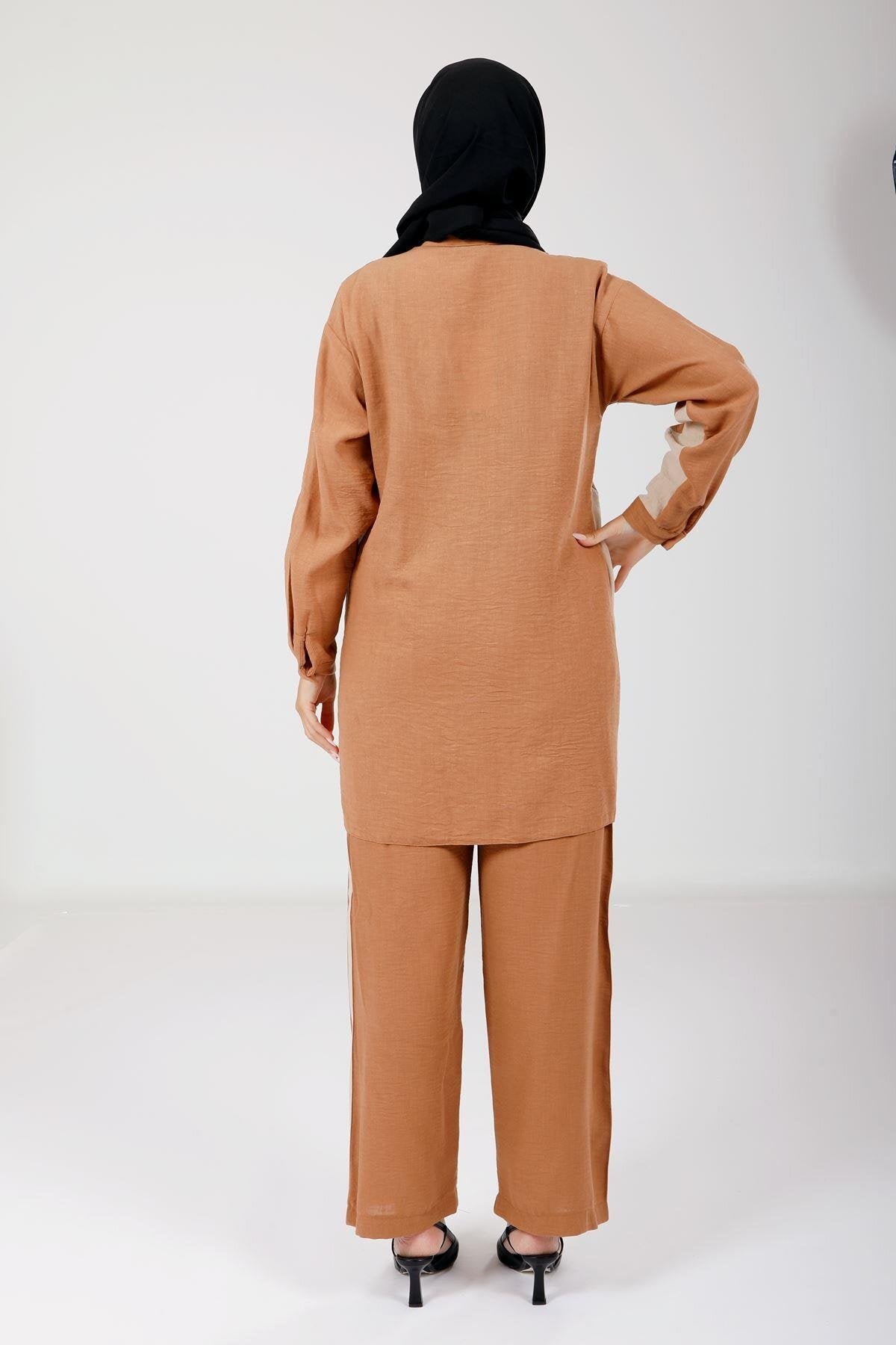 Modest Top and Bottom Buttoned Set - Cinnamon - Beyza