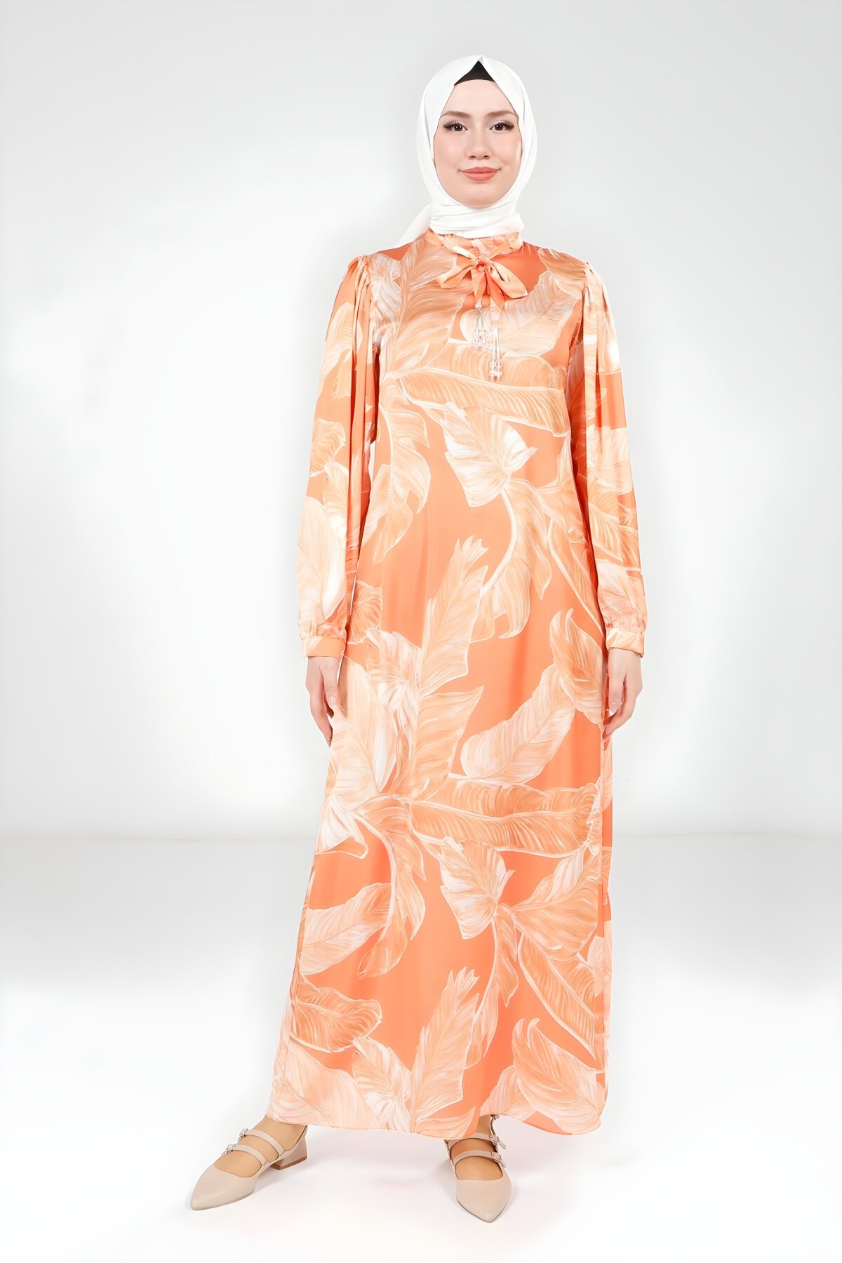 Turuncu Baskılı Boynu Kuşak Detaylı Tesettür Elbise - Beyza