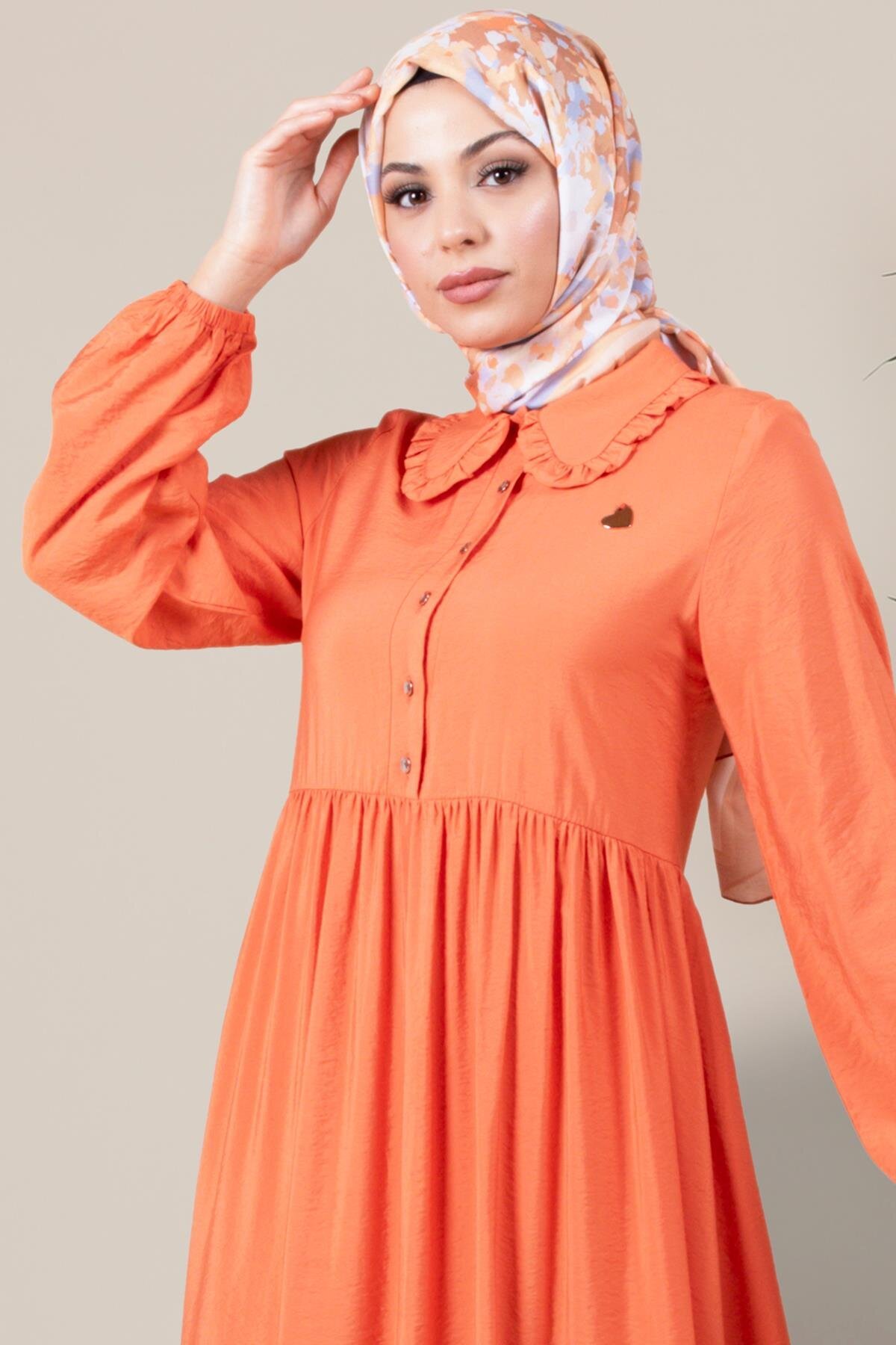 Gathered Waist Peter Pan Collar Modest Dress - Orange - Beyza