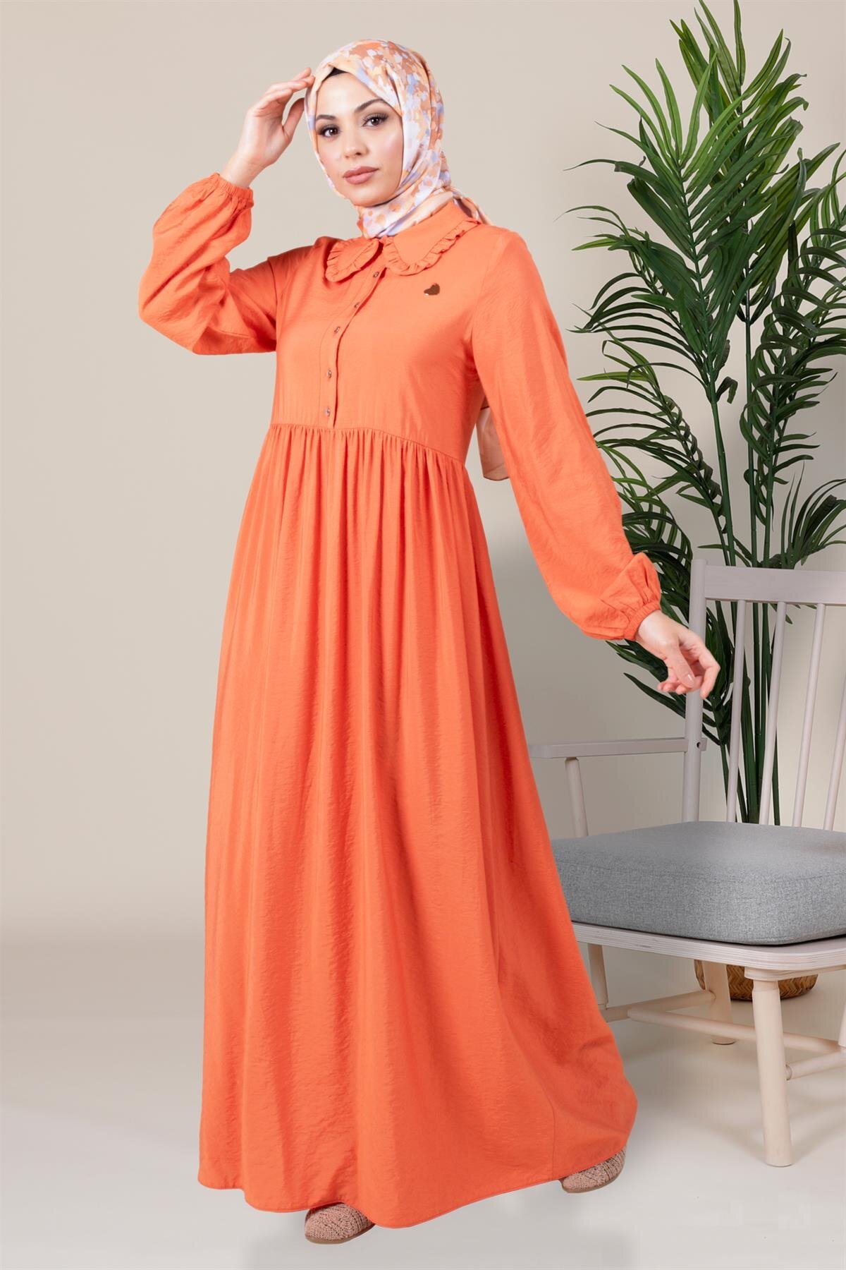 Gathered Waist Peter Pan Collar Modest Dress - Orange - Beyza