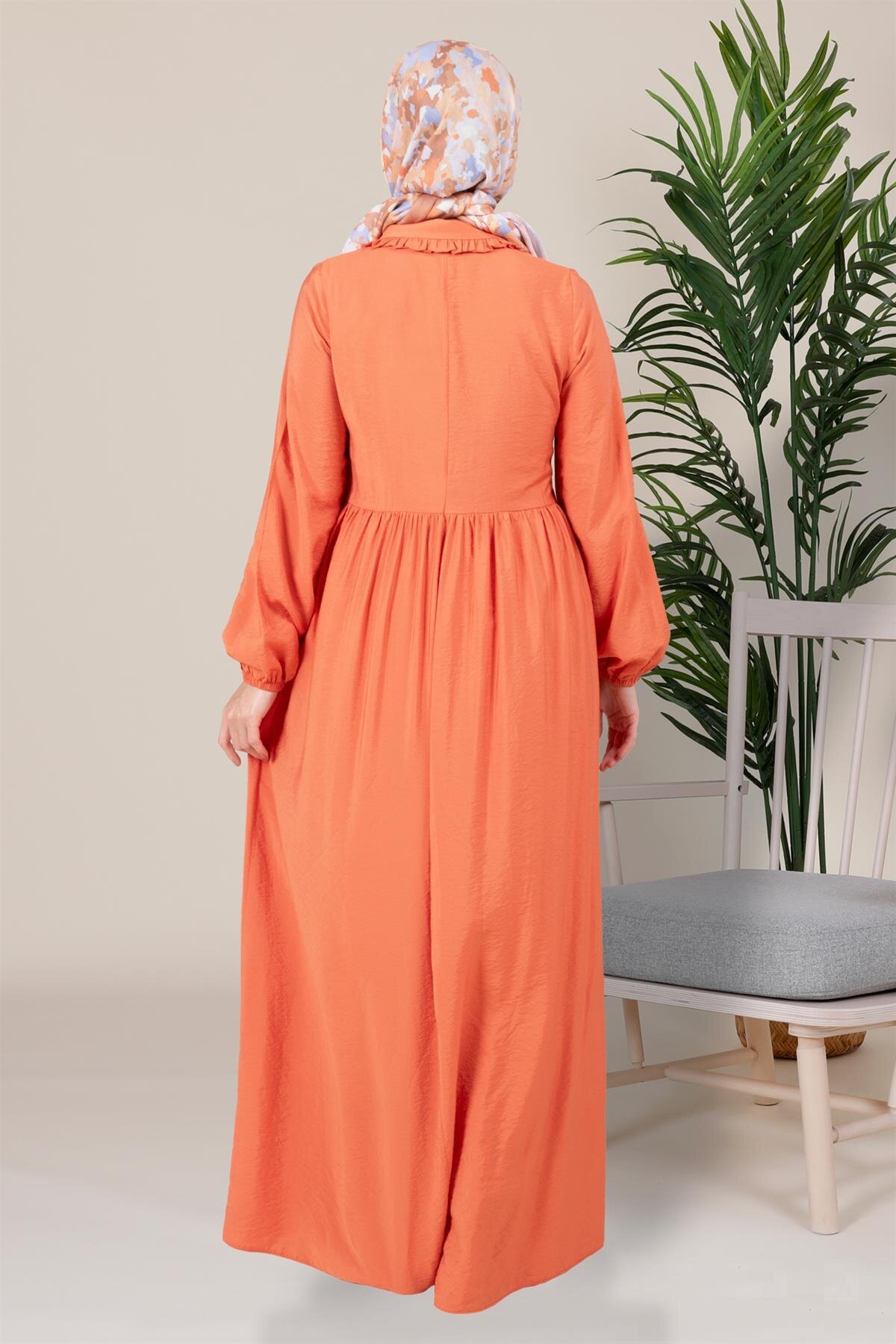 Gathered Waist Peter Pan Collar Modest Dress - Orange - Beyza