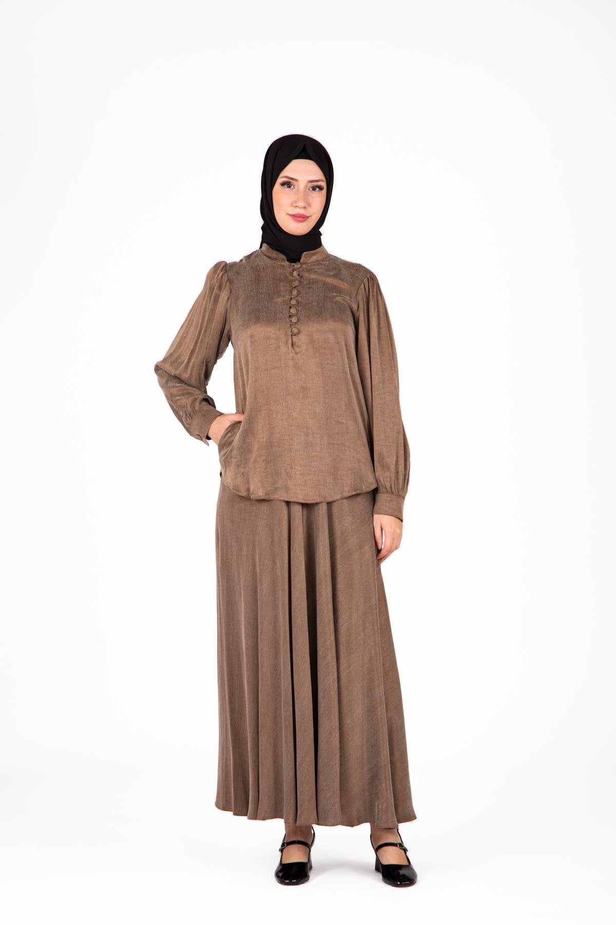 Two-Piece Modest Set with Skirt and Buttoned Collar - Mink - Beyza