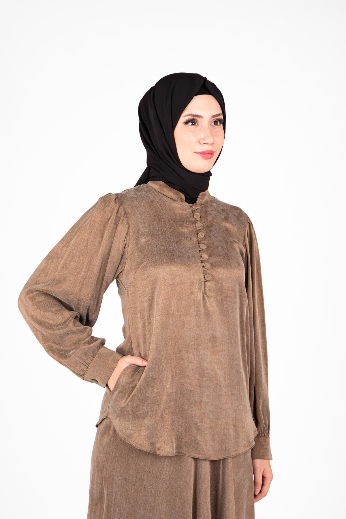 Two-Piece Modest Set with Skirt and Buttoned Collar - Mink - Beyza