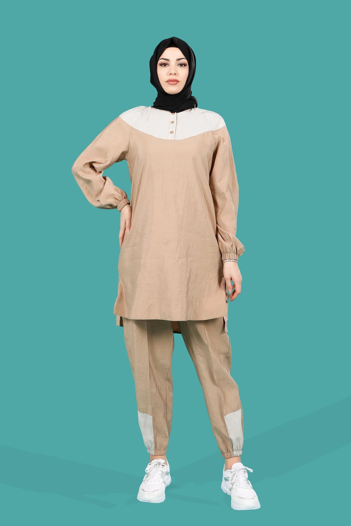 Two-Piece Buttoned Tunic & Jogger Modest Tracksuit Set - Mink - Beyza