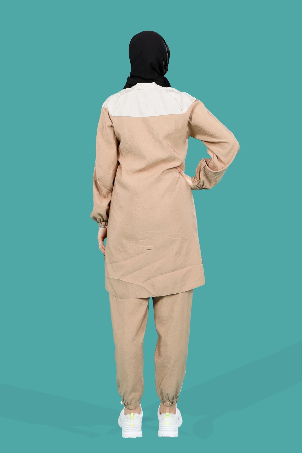 Two-Piece Buttoned Tunic & Jogger Modest Tracksuit Set - Mink - Beyza