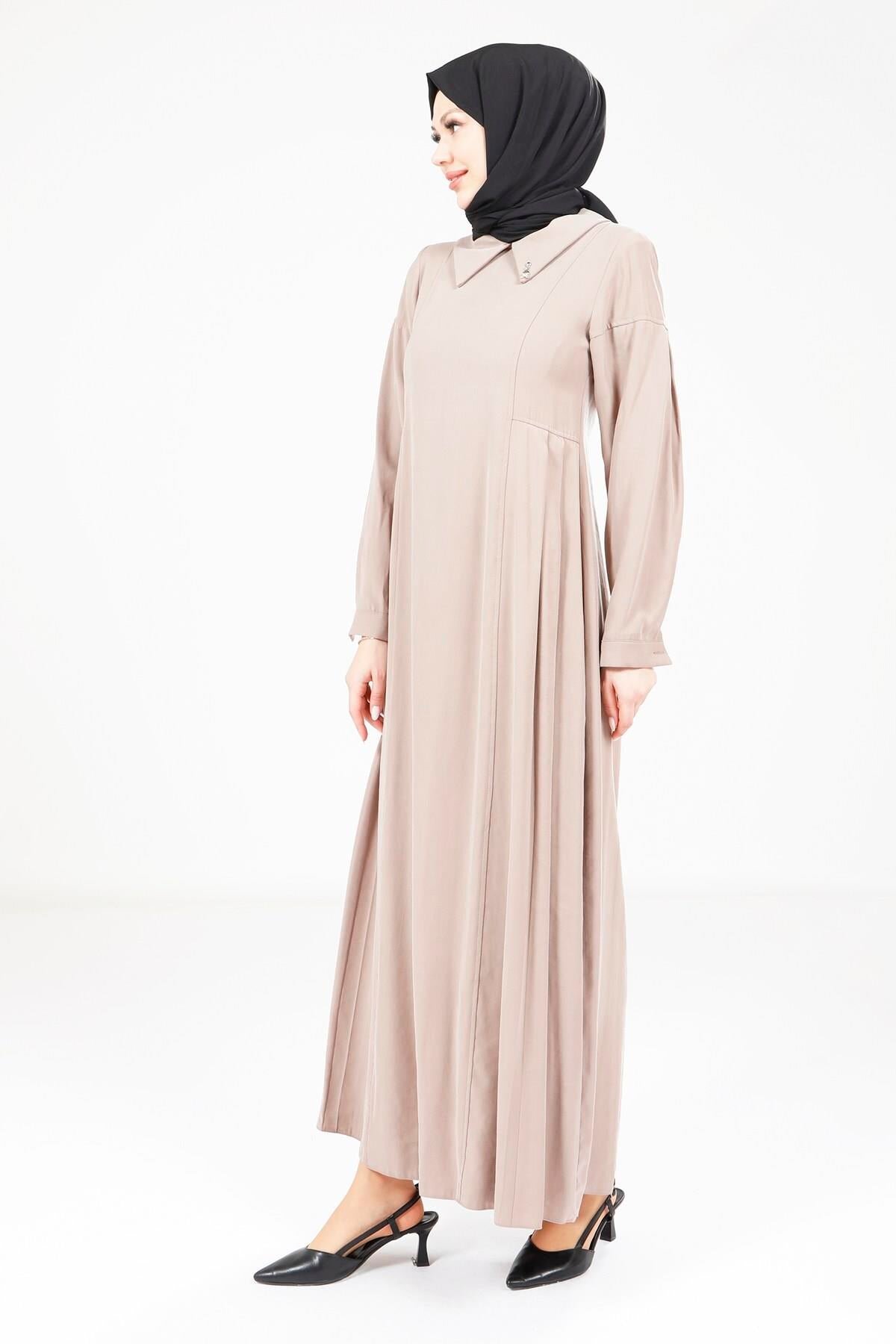 Pleated Modest Dress - Mink - Beyza