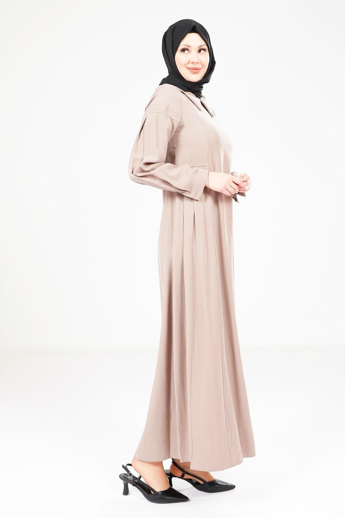 Pleated Modest Dress - Mink - Beyza