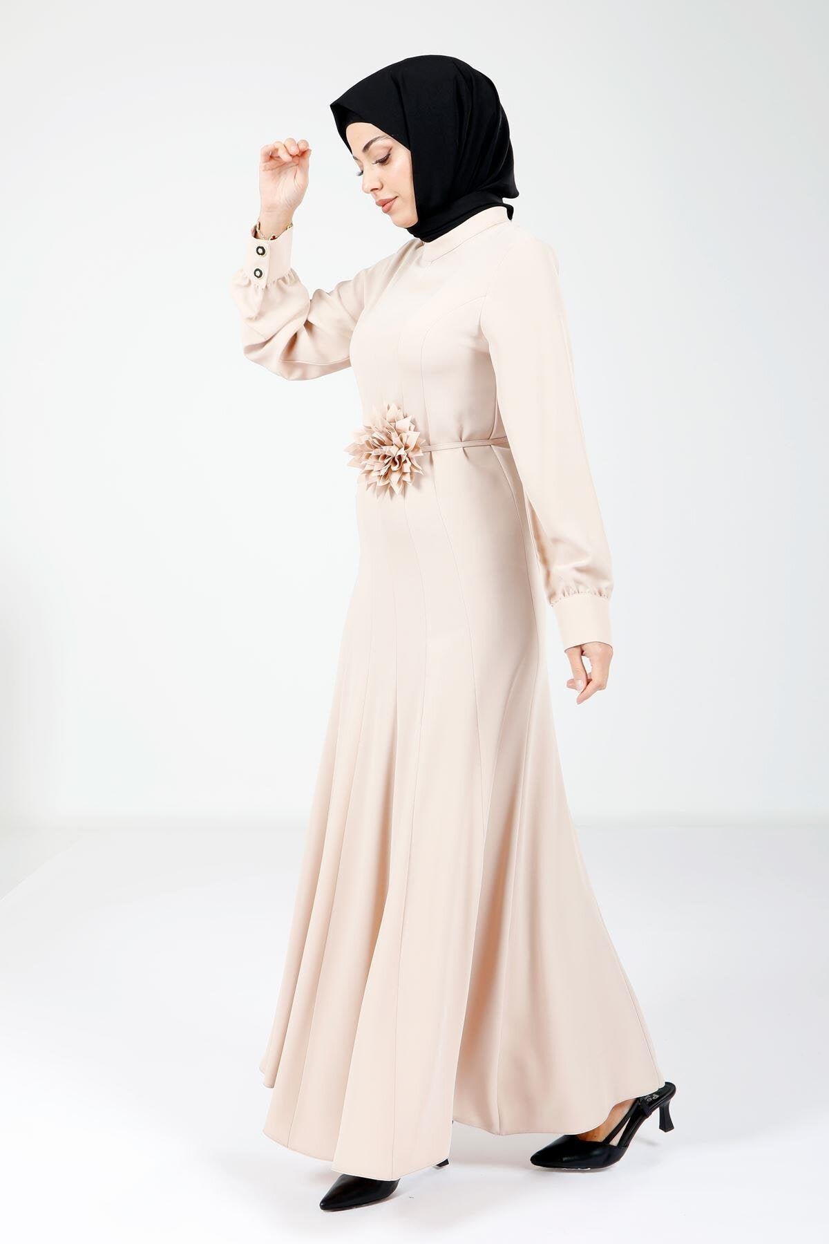 Long Modest Rose Detailed Evening Dress - Taupe - Beyza