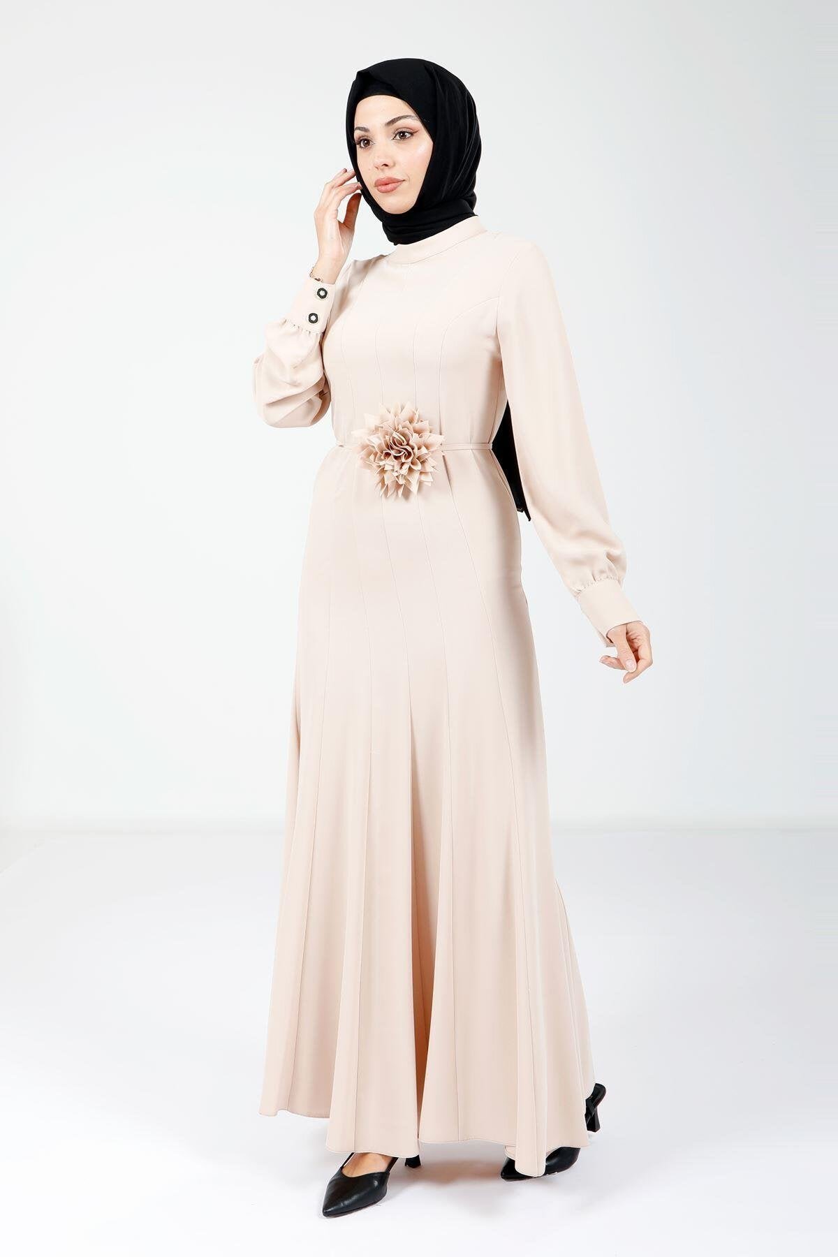 Long Modest Rose Detailed Evening Dress - Taupe - Beyza