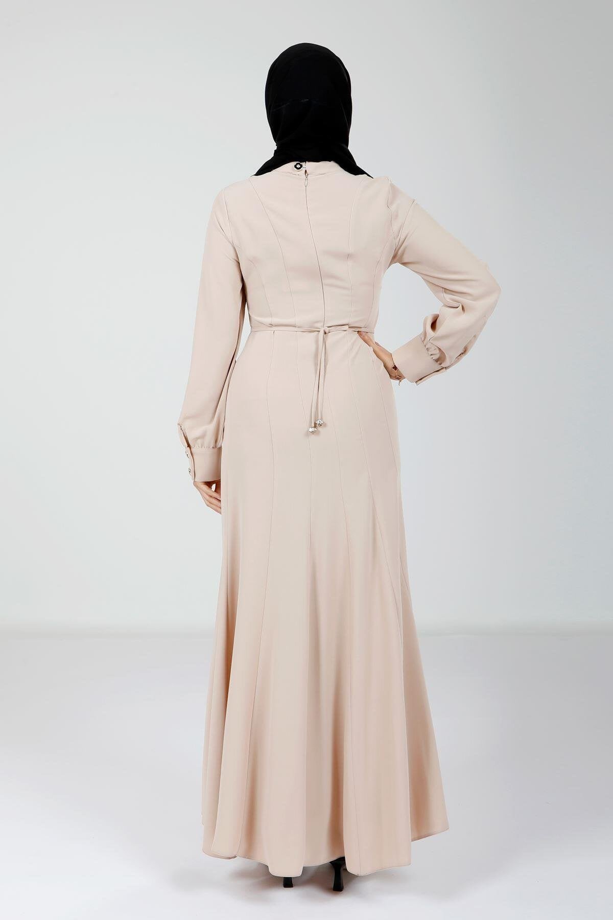 Long Modest Rose Detailed Evening Dress - Taupe - Beyza