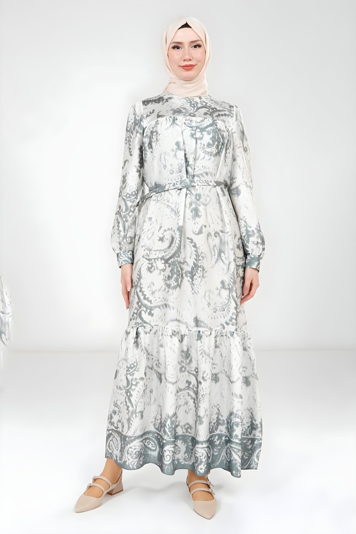 Yeşil Baskılı Kemerli Tesettür Elbise - Beyza