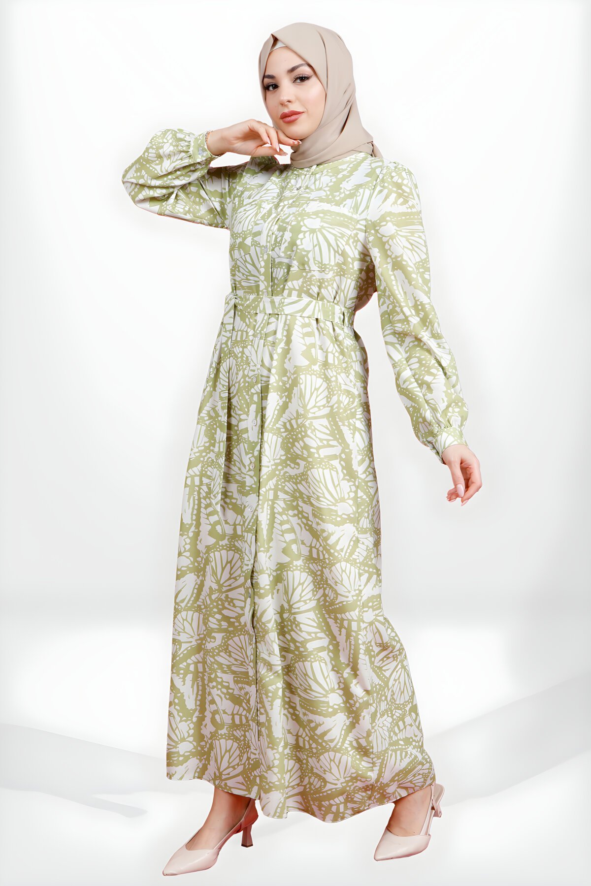 فستان محتشم قميصي أخضر منقوش بحزام - Beyza