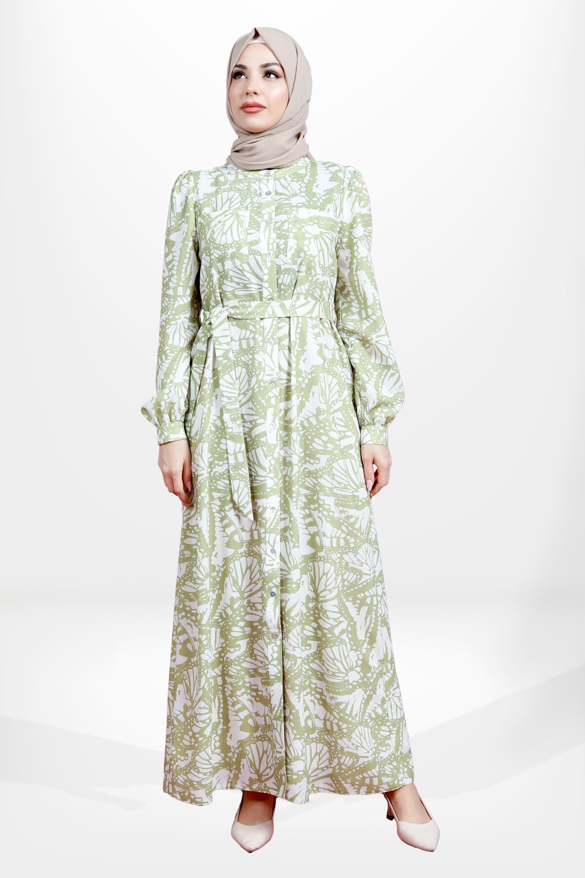 Patterned Belted Shirt Modest Dress - Green - Beyza
