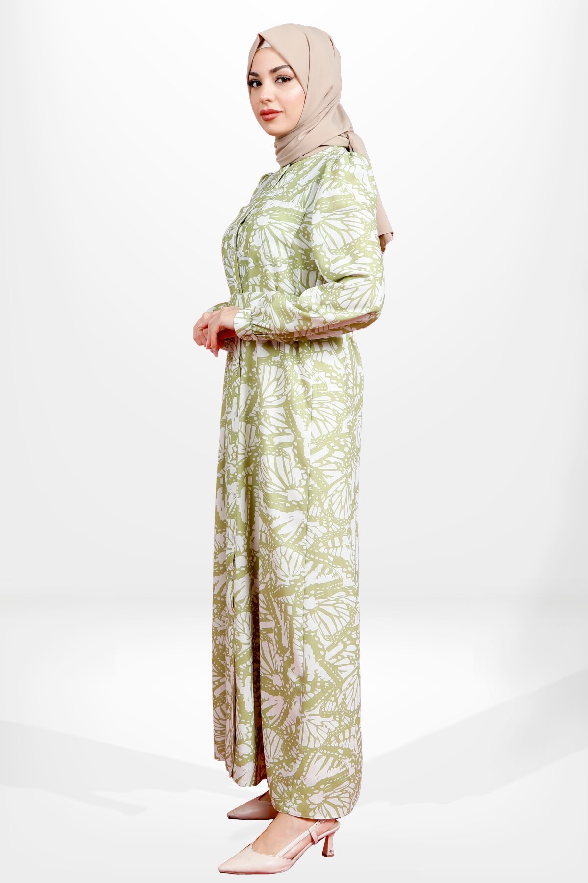 Patterned Belted Shirt Modest Dress - Green - Beyza