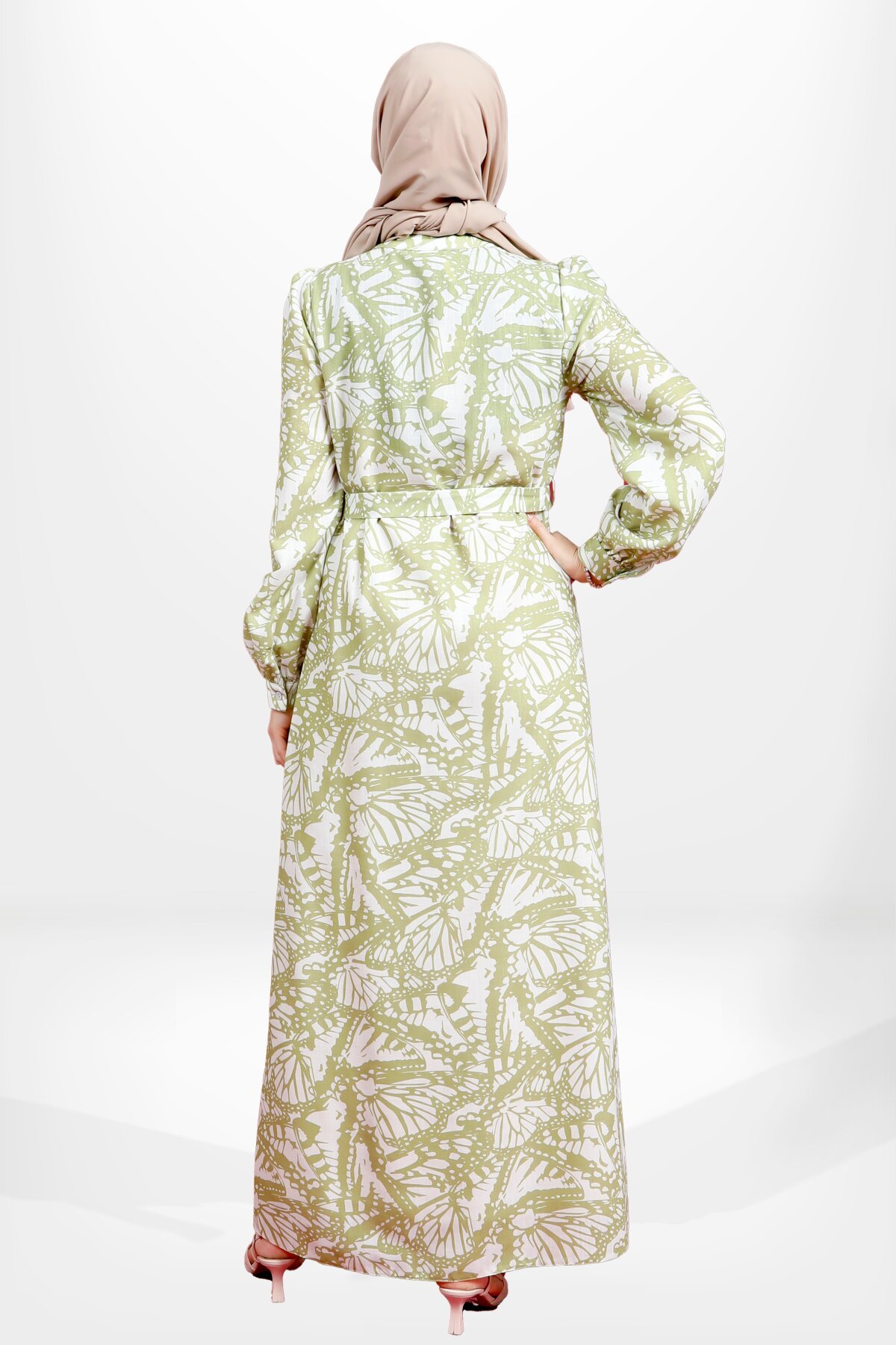 Patterned Belted Shirt Modest Dress - Green - Beyza