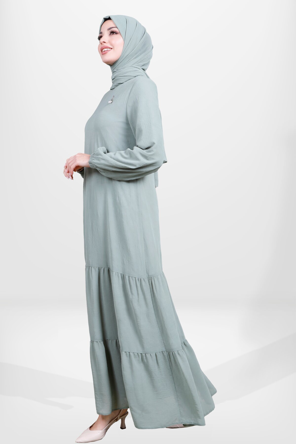 Ruffled Hem Elasticated Sleeve Modest Dress - Green - Beyza