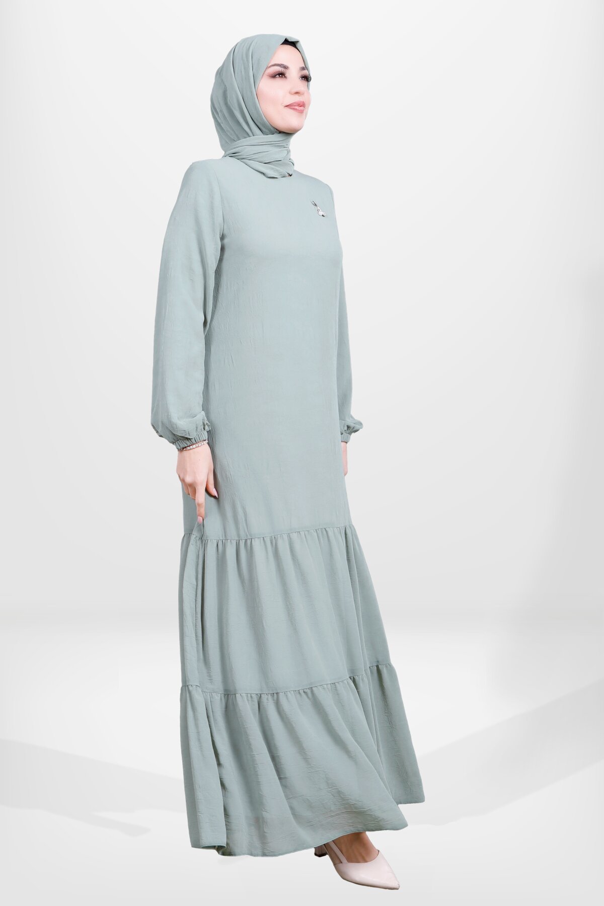Ruffled Hem Elasticated Sleeve Modest Dress - Green - Beyza