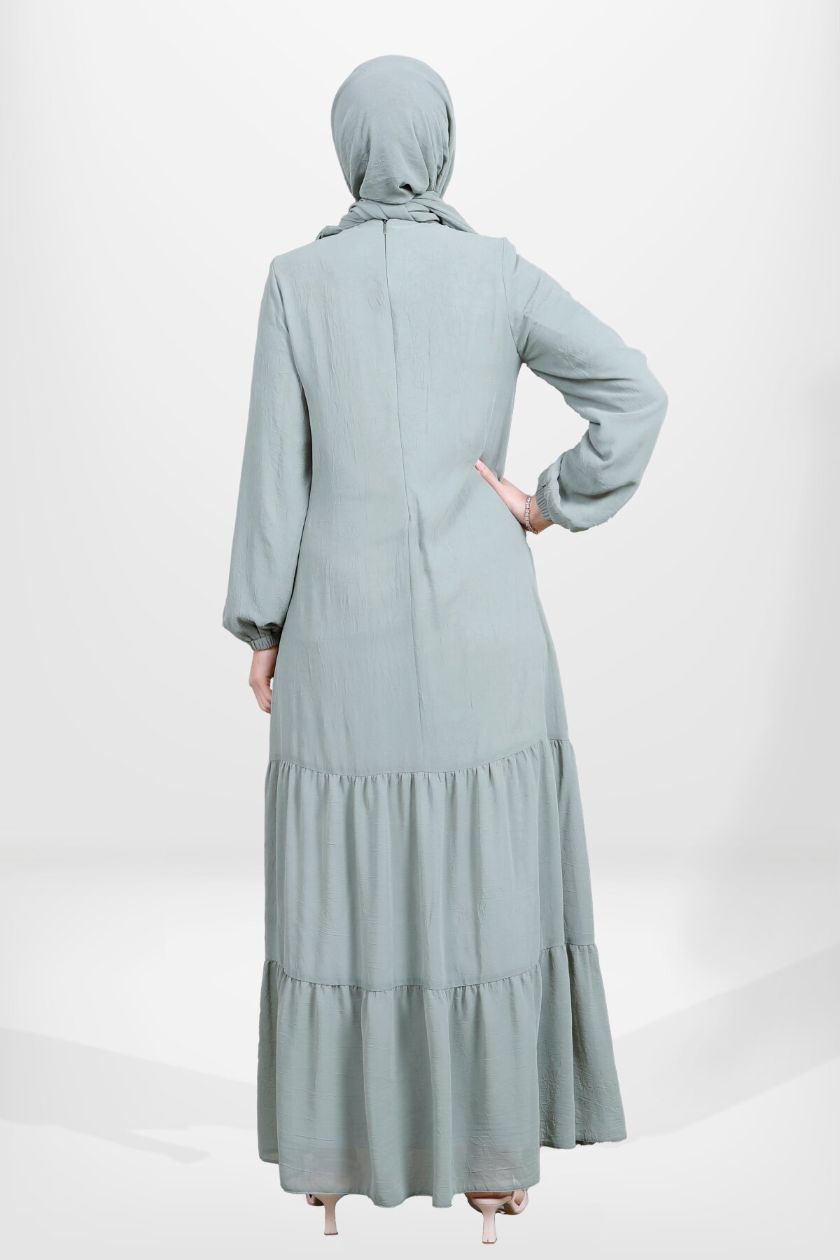 Ruffled Hem Elasticated Sleeve Modest Dress - Green - Beyza