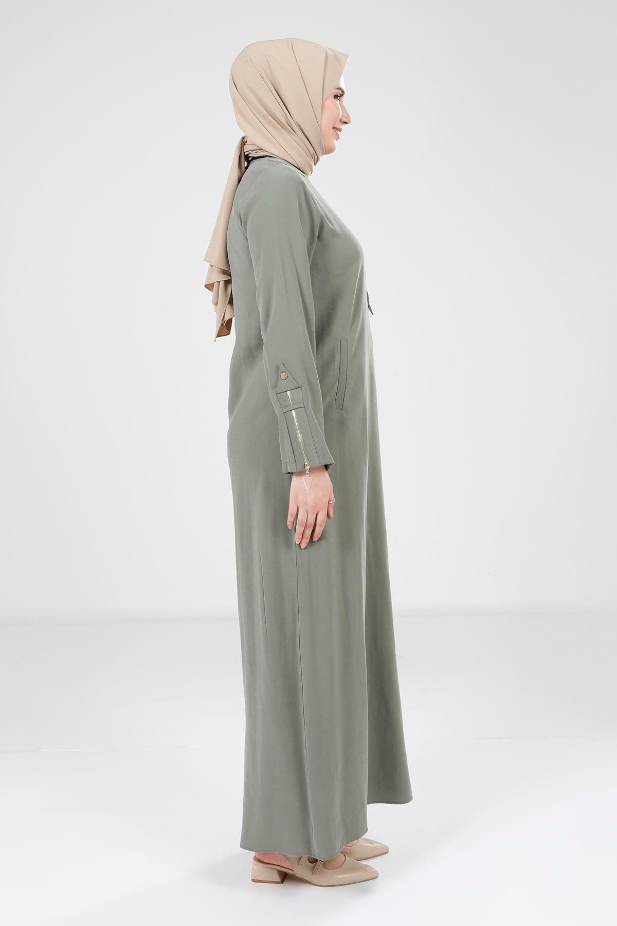 Sleeve Zipper Detail Modest Dress - Green - Beyza
