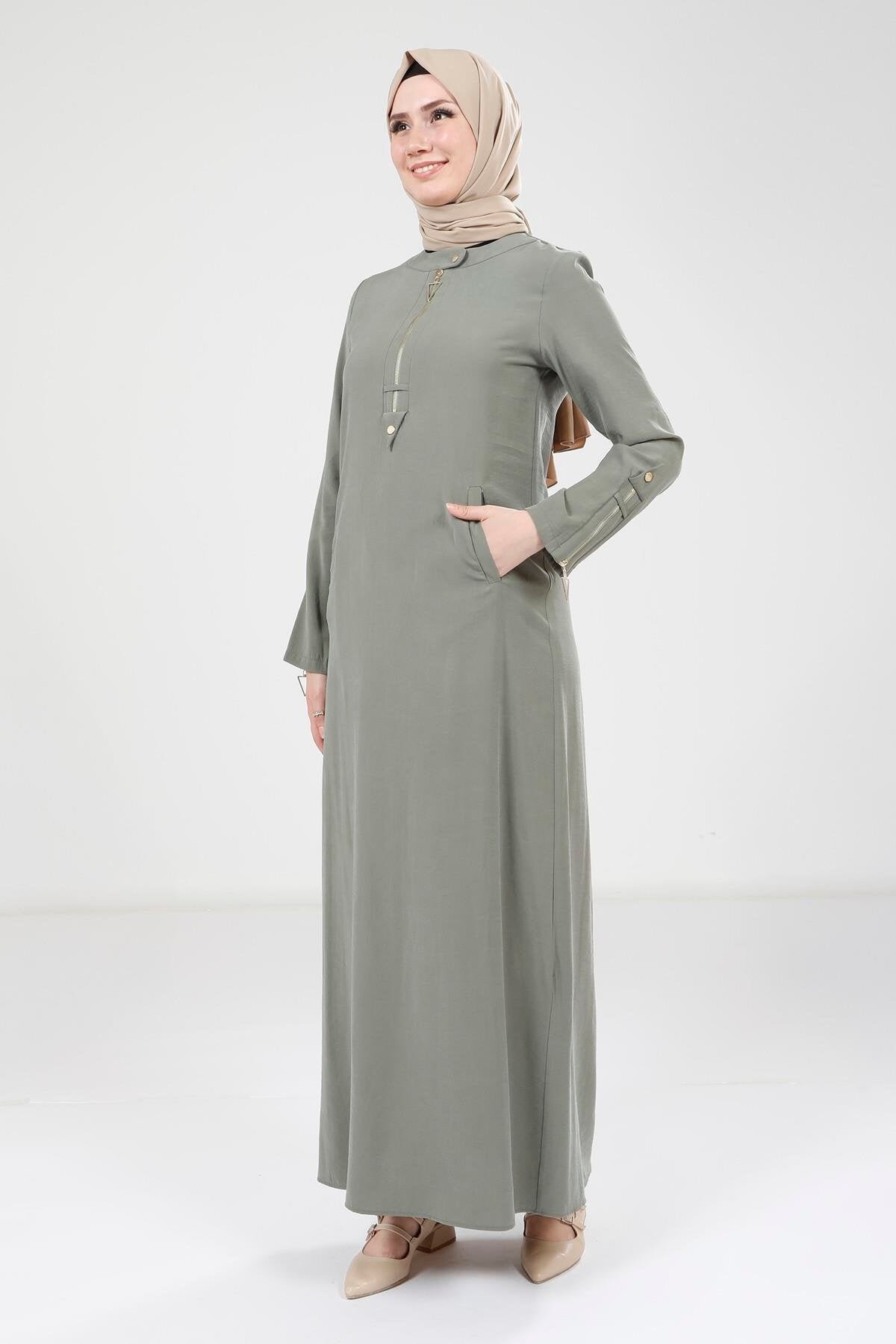 Sleeve Zipper Detail Modest Dress - Green - Beyza