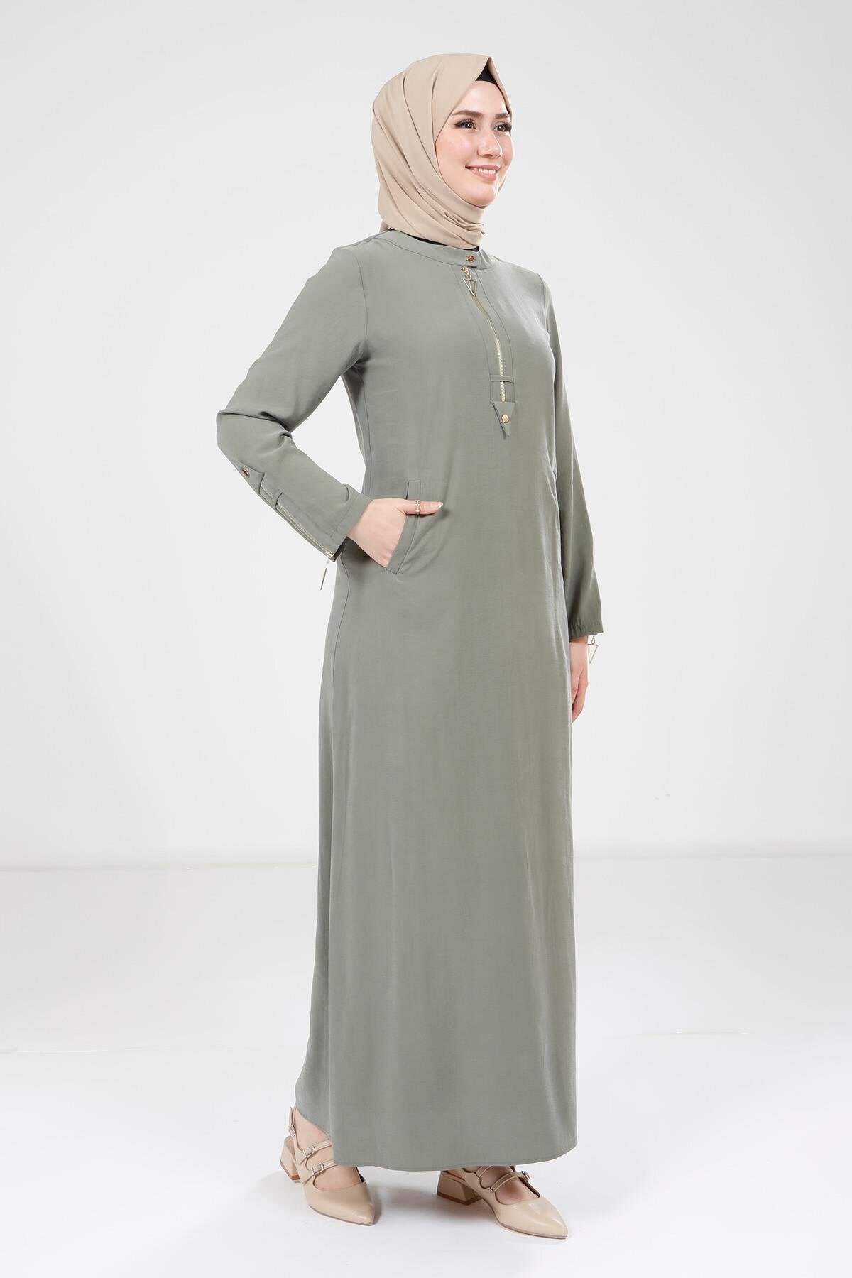 Sleeve Zipper Detail Modest Dress - Green - Beyza