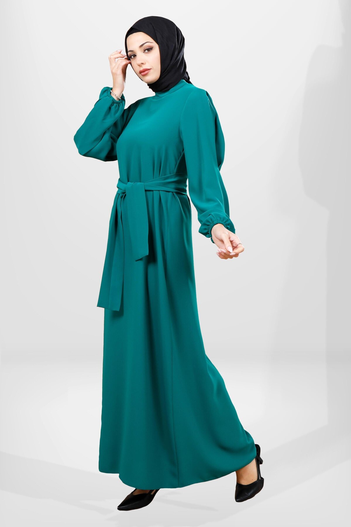 Belted Pleated-Sleeve Modest Dress - Green - Beyza