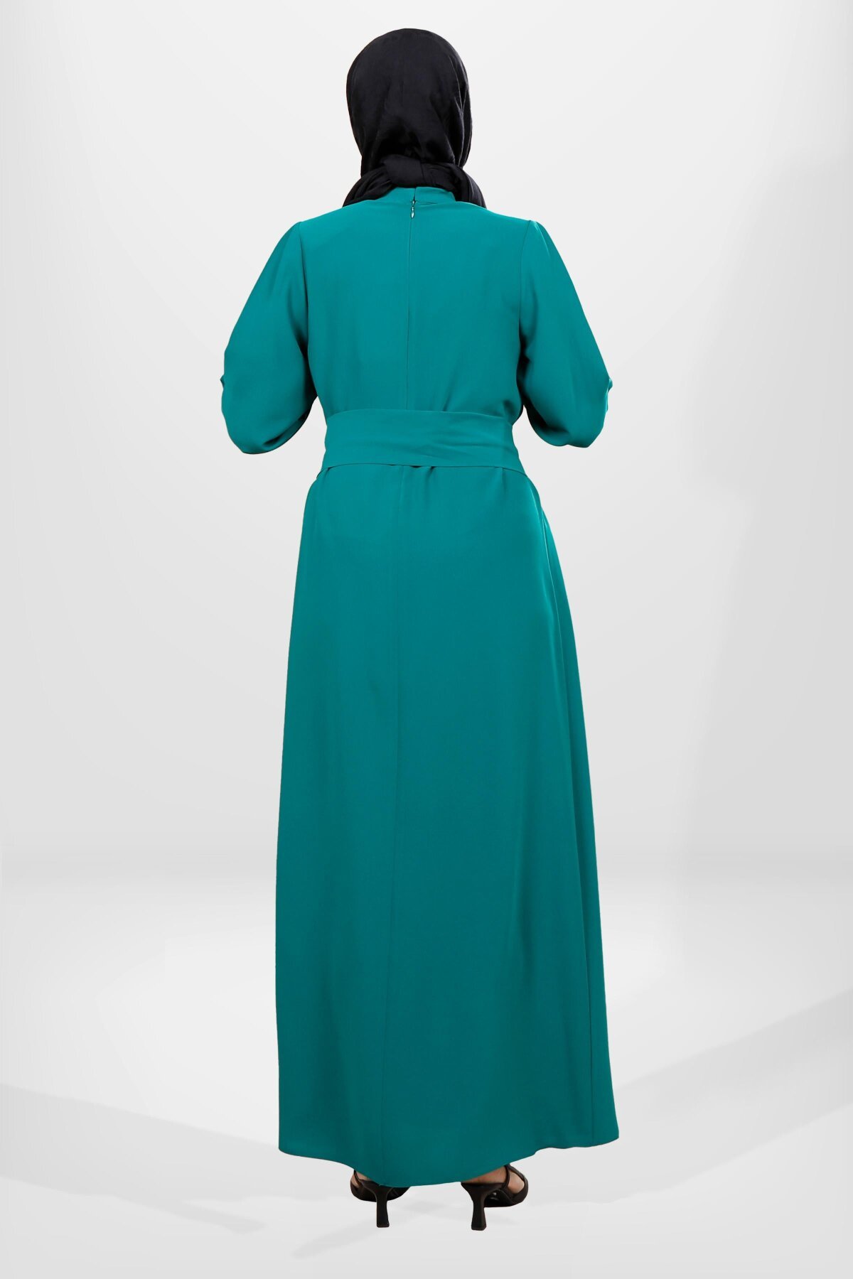 Belted Pleated-Sleeve Modest Dress - Green - Beyza