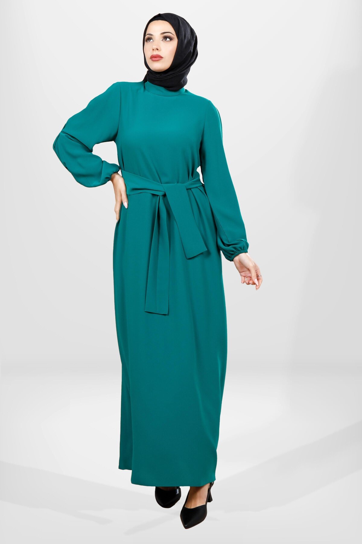 Belted Pleated-Sleeve Modest Dress - Green - Beyza