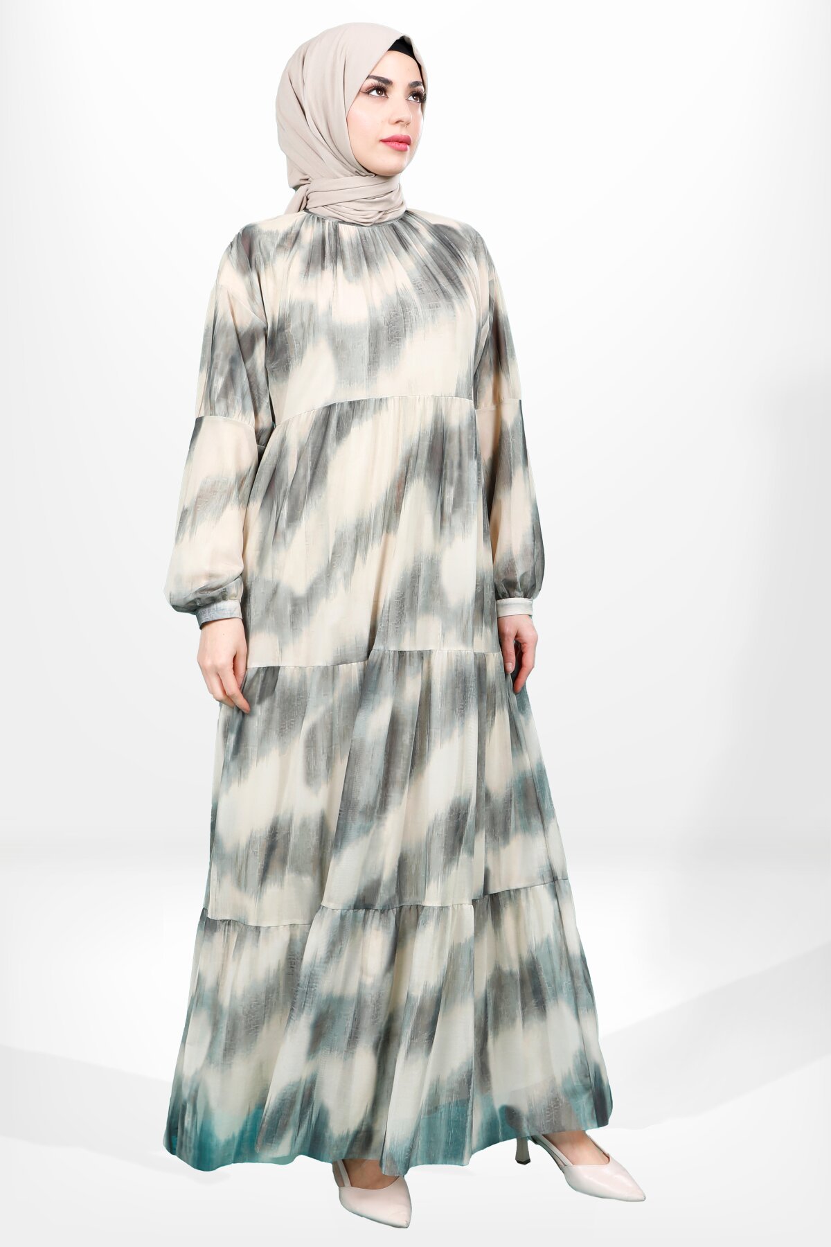 Modest Tulle Tiered Dress - Green - Beyza