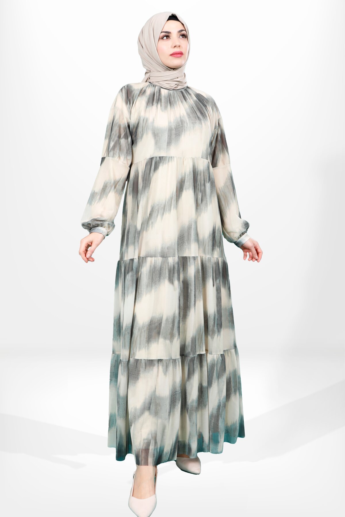 Modest Tulle Tiered Dress - Green - Beyza