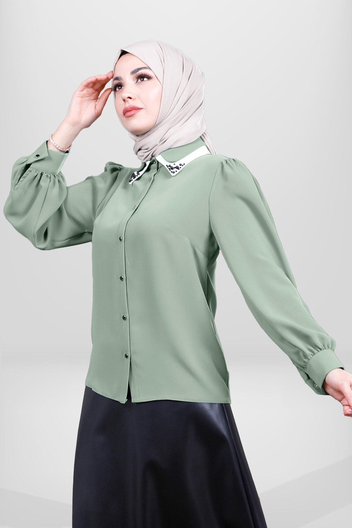 Beaded-Collar Modest Shirt - Green - Beyza