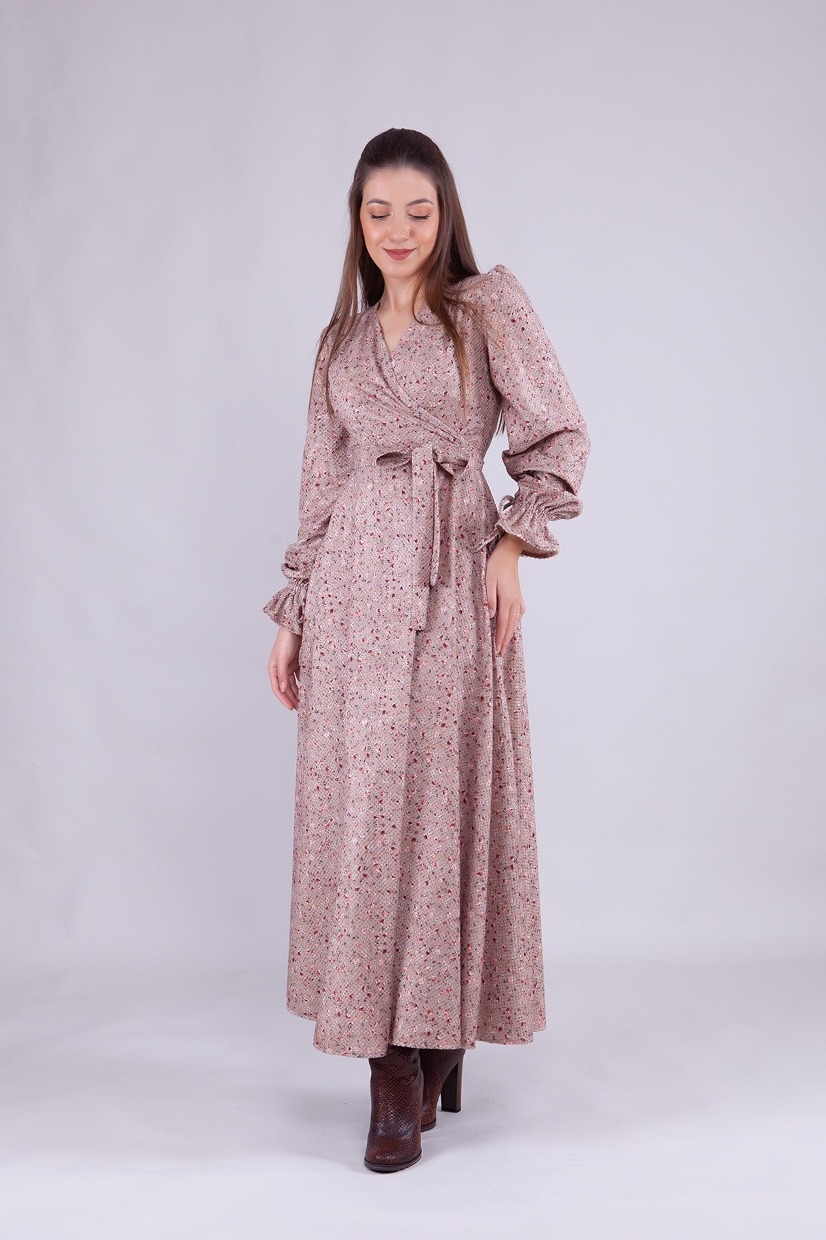 Long Sleeve Floral Velvet Wrap Neck Modest Dress - Beige - Bidoluelbise