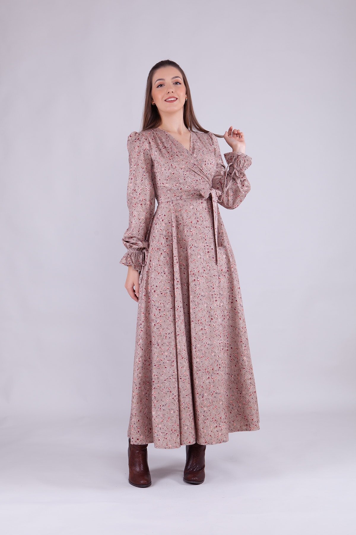 Long Sleeve Floral Velvet Wrap Neck Modest Dress - Beige - Bidoluelbise
