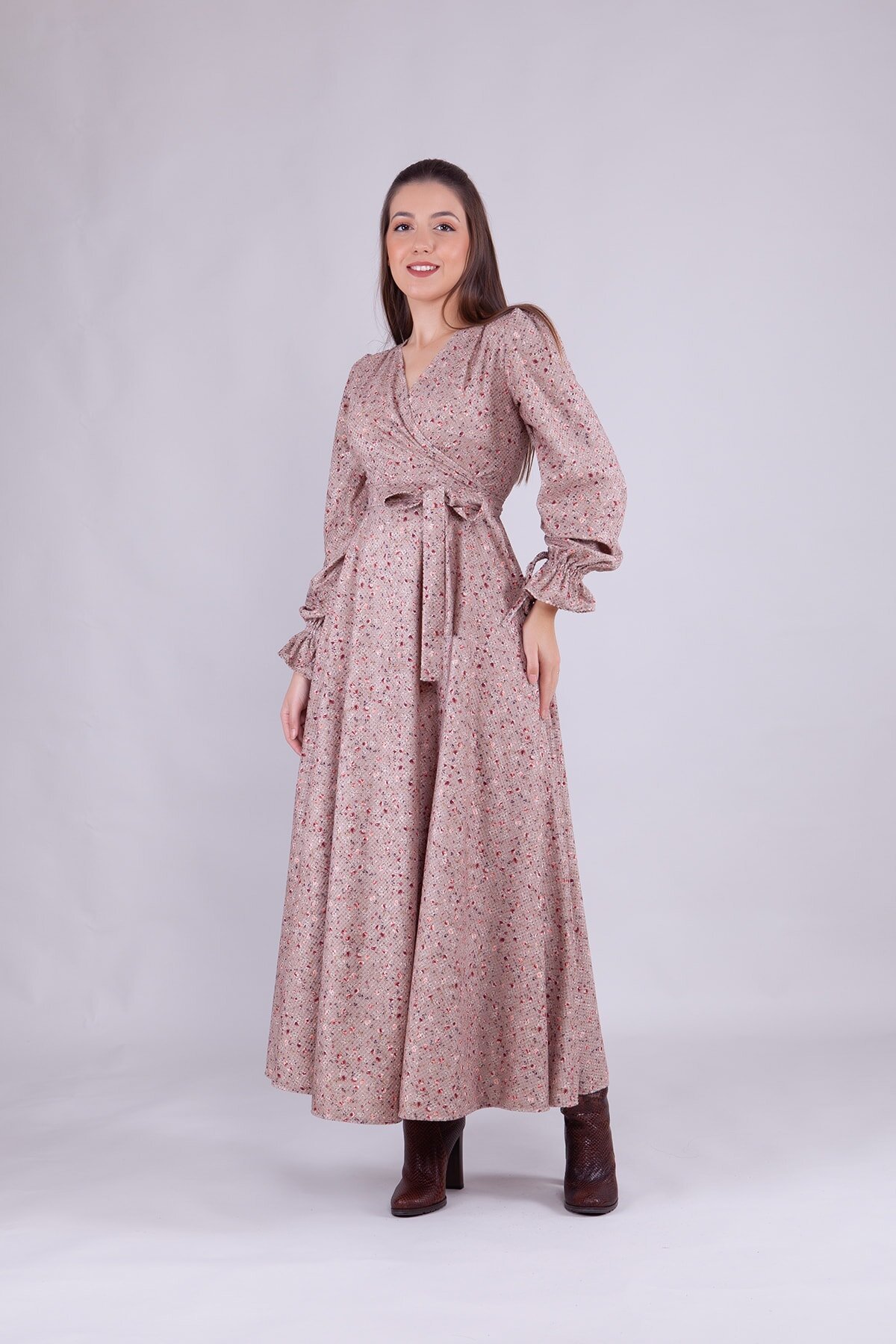 Long Sleeve Floral Velvet Wrap Neck Modest Dress - Beige - Bidoluelbise