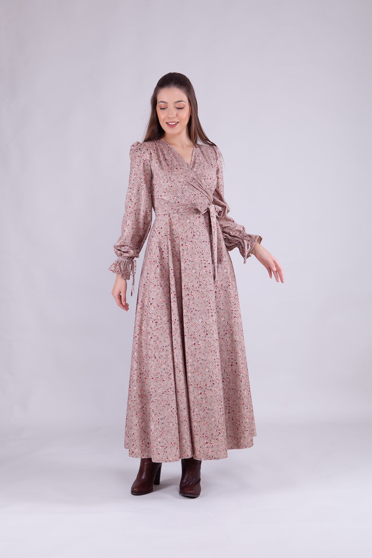 Long Sleeve Floral Velvet Wrap Neck Modest Dress - Beige - Bidoluelbise