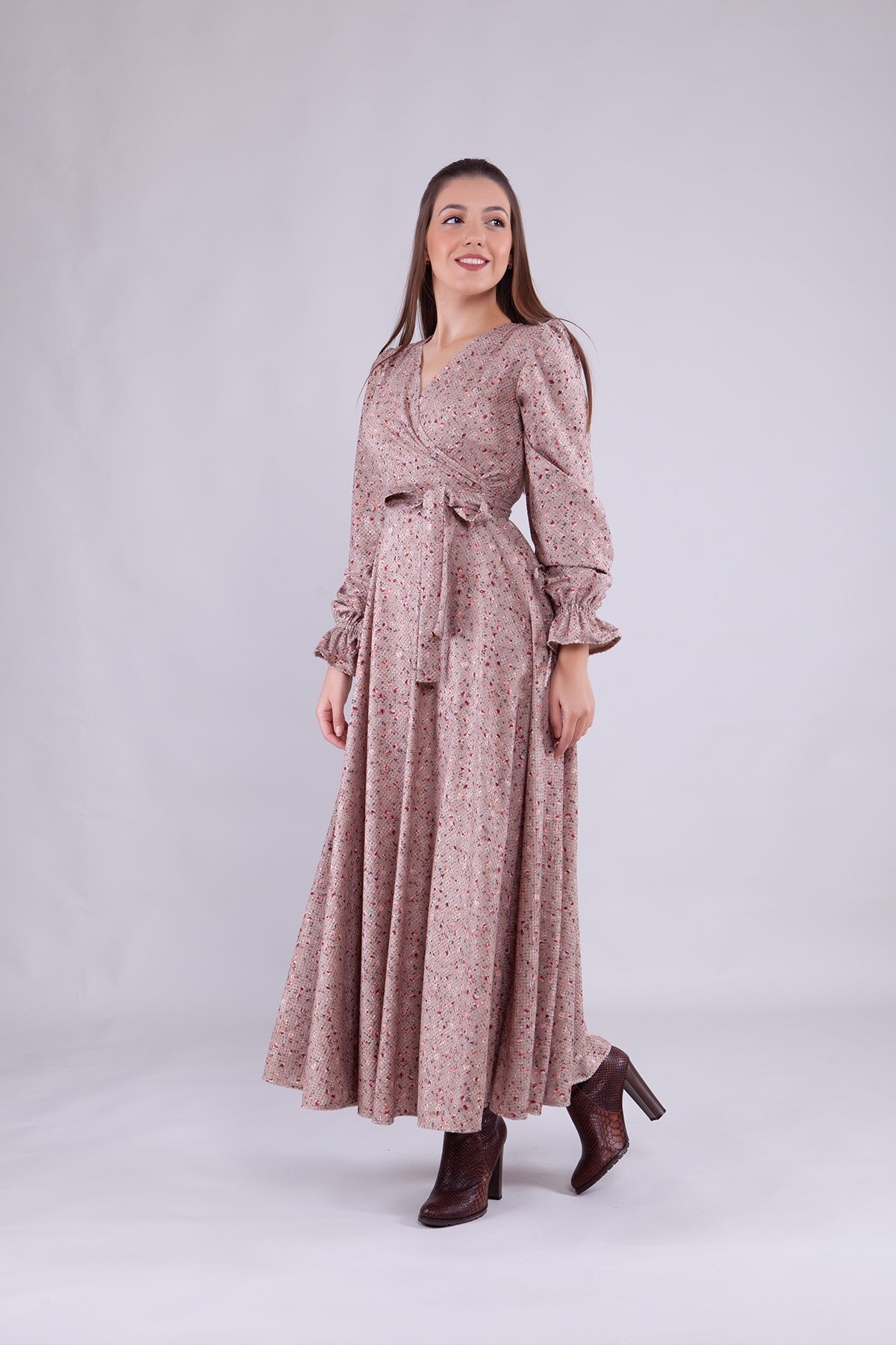 Long Sleeve Floral Velvet Wrap Neck Modest Dress - Beige - Bidoluelbise