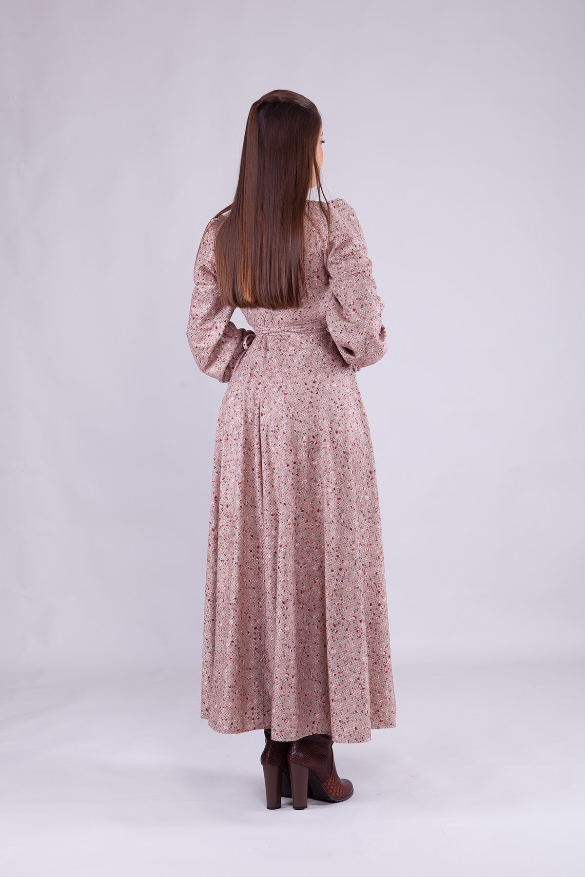 Long Sleeve Floral Velvet Wrap Neck Modest Dress - Beige - Bidoluelbise